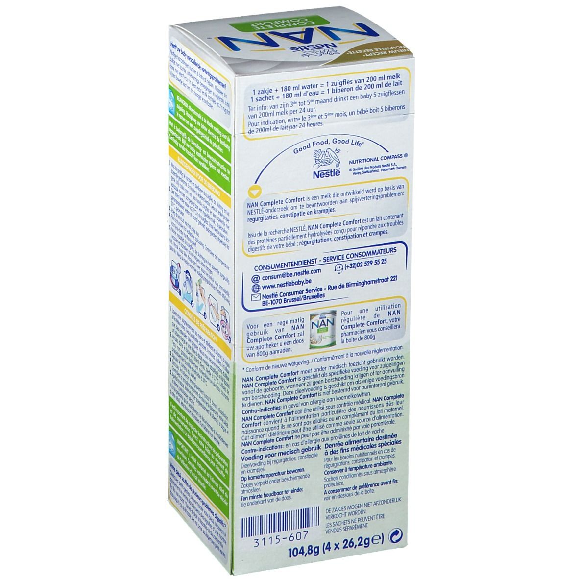 Lato della confezione Nestlé NAN Complete Comfort. Testo multilingue. Contiene informazioni sulla preparazione e i valori nutrizionali.