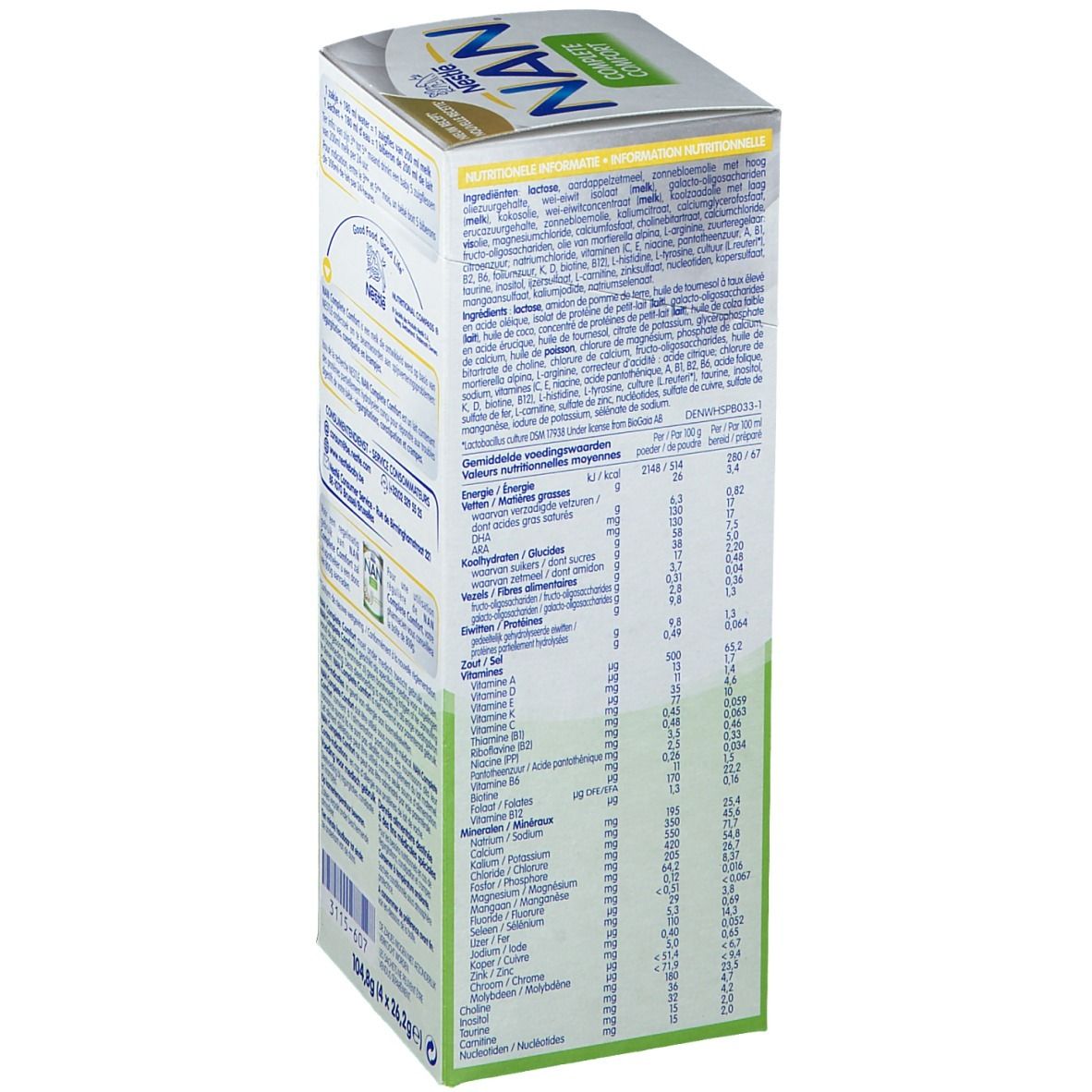 Lato della confezione Nestlé NAN Complete Comfort. Contiene valori nutrizionali e lista ingredienti. Testo multilingue.