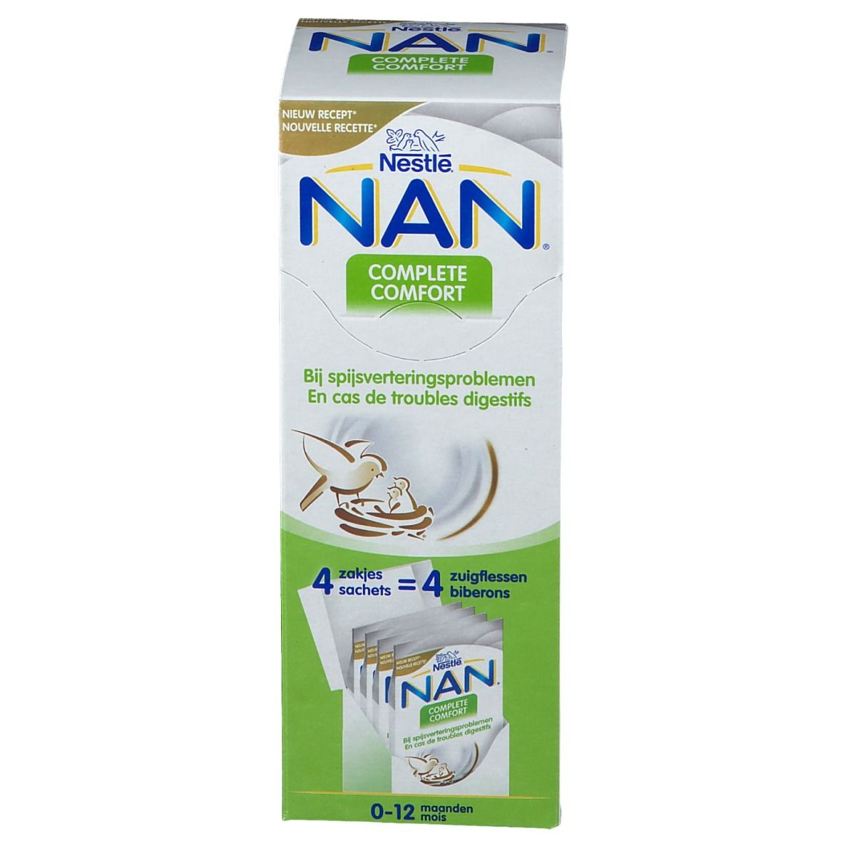 Fronte della confezione Nestlé NAN Complete Comfort. Contiene 4 bustine. Design verde e bianco con nome e logo.