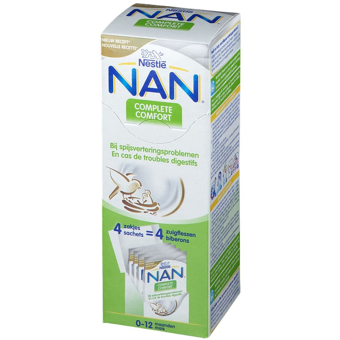 Fronte della confezione Nestlé NAN Complete Comfort. Contiene 4 bustine. Design verde e bianco con nome e logo.