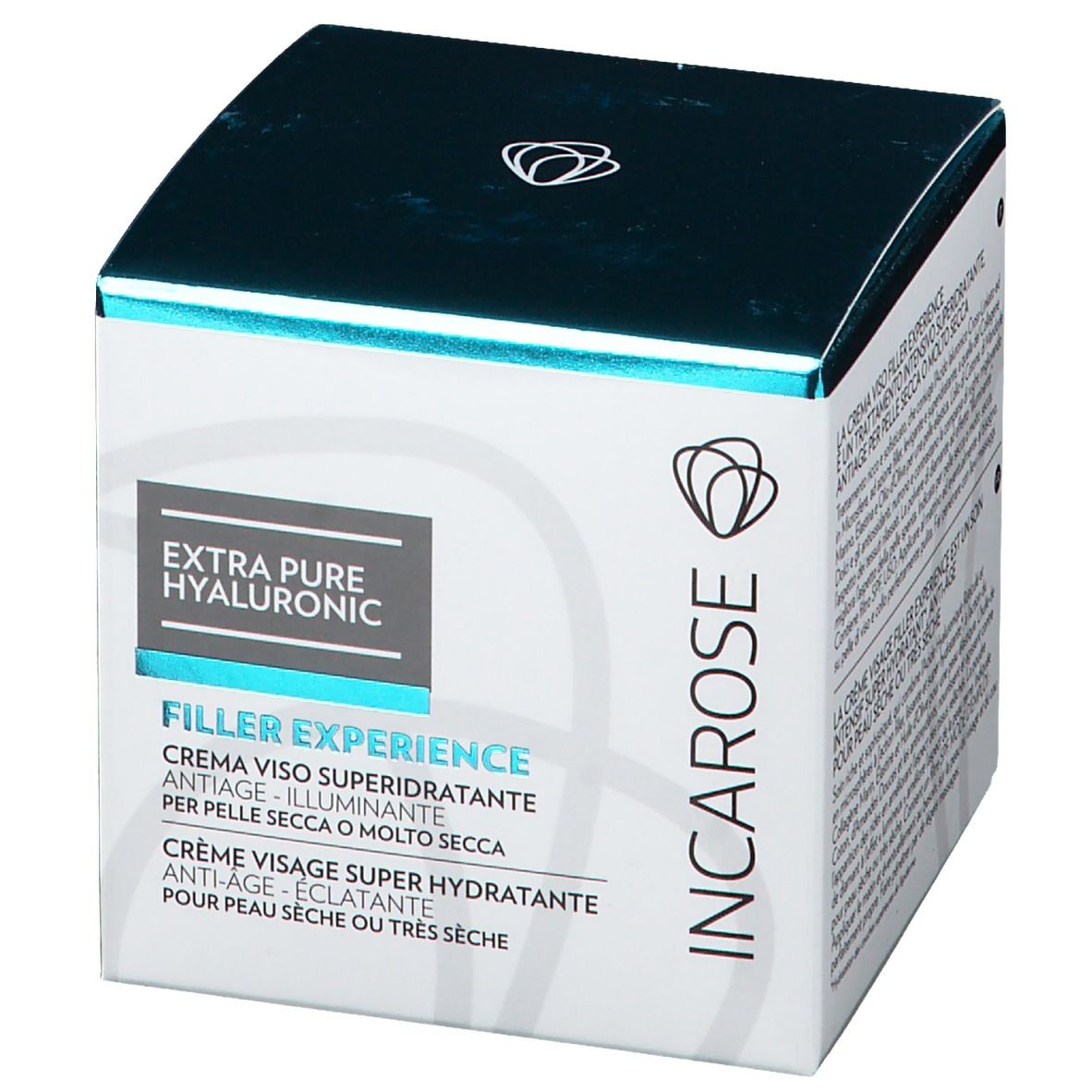Witte doos met blauw deksel. Opschrift: Extra Pure Hyaluronic, Filler Experience, Superhydraterende gezichtscrème, Incarose logo.