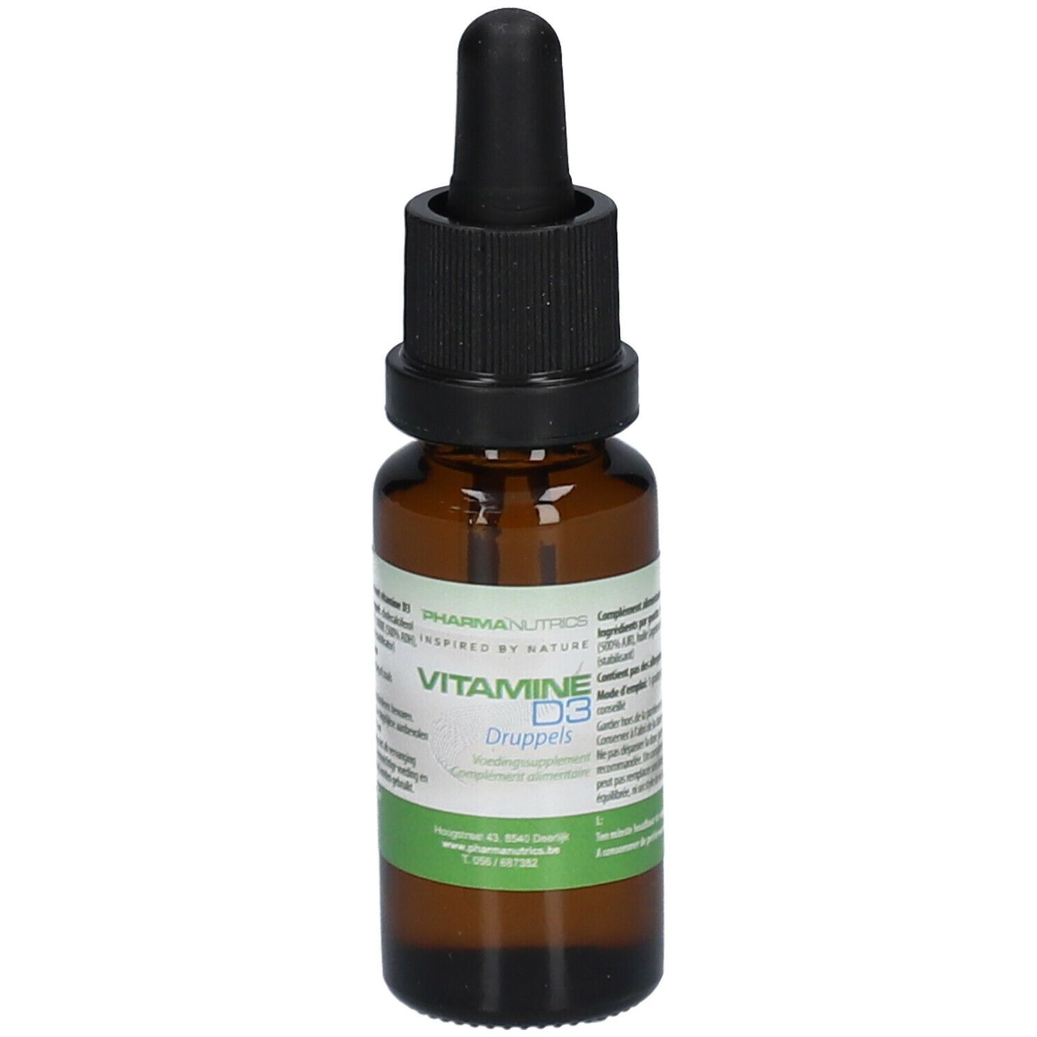 Flacon en verre brun avec bouchon noir et compte-gouttes. Inscription: VITAMINE D3. Étiquette verte et blanche avec informations.