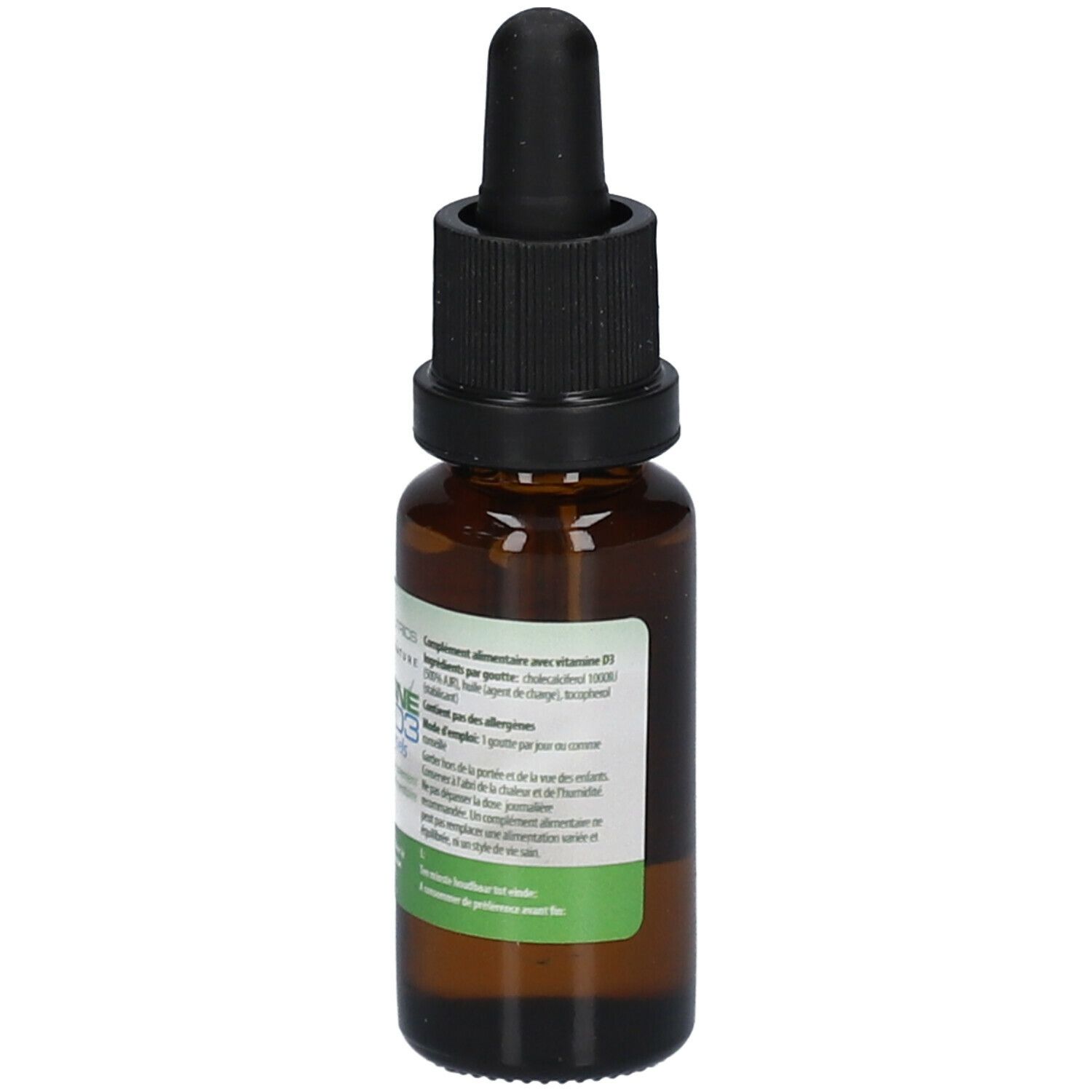 Flacon en verre brun avec bouchon noir et compte-gouttes. Étiquette avec informations. Inscription: VITAMINE D3.