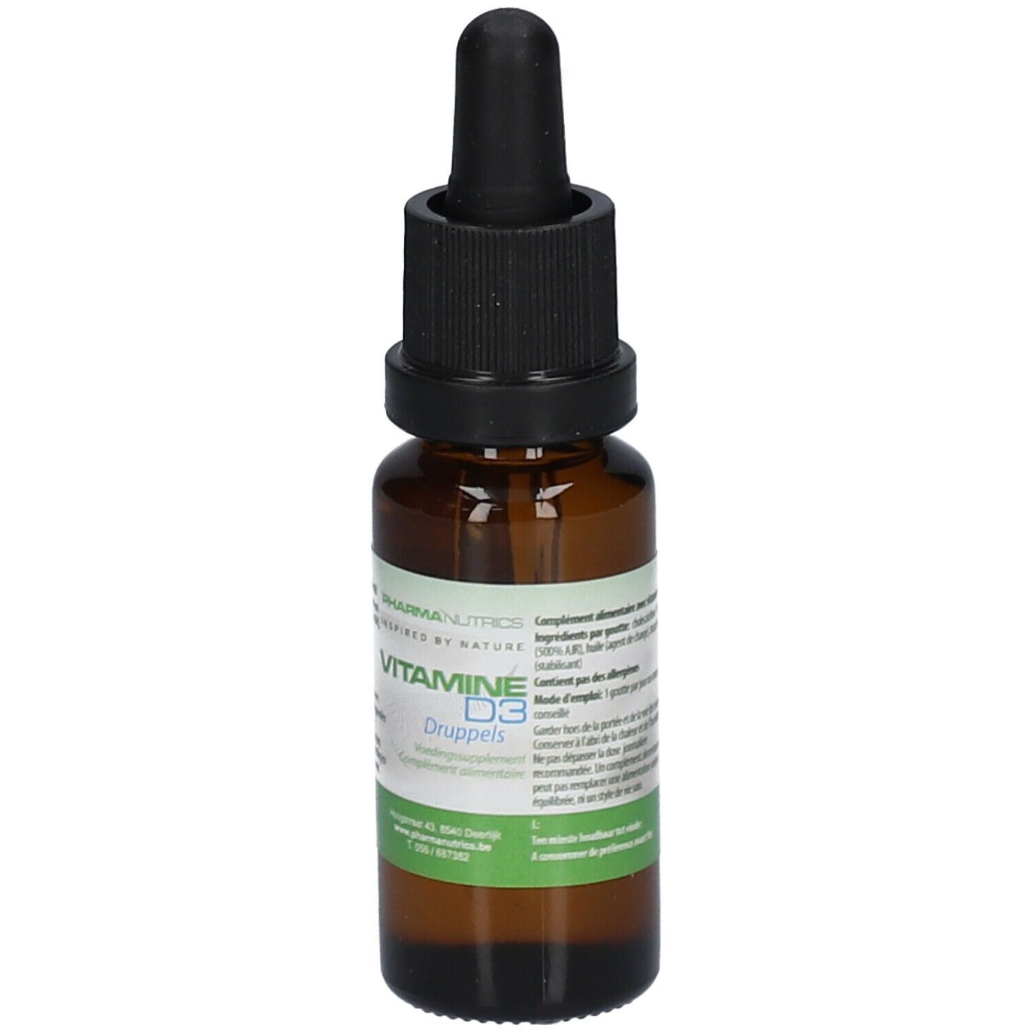 Flacon en verre brun avec bouchon noir et compte-gouttes. Inscription: VITAMINE D3. Étiquette avec informations.