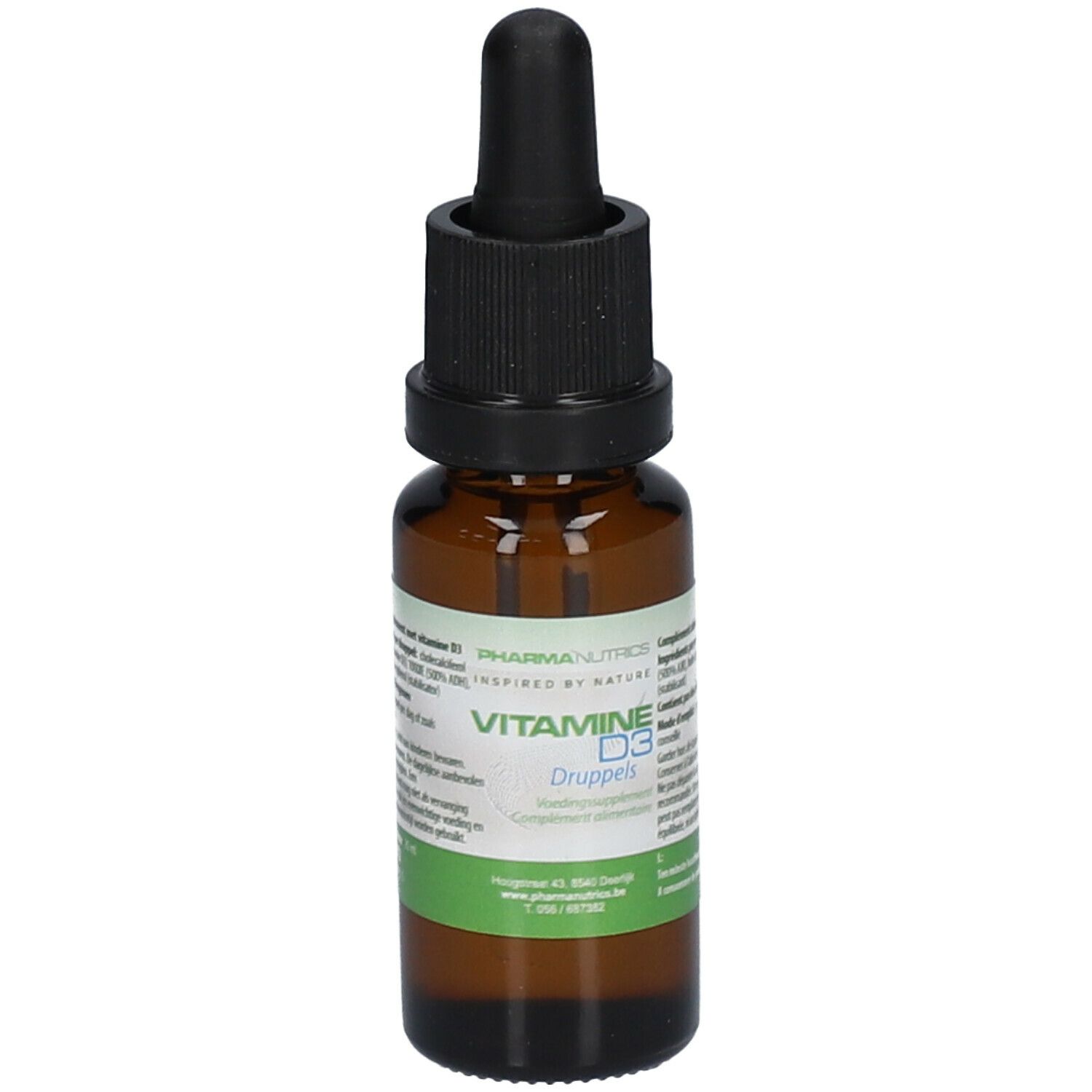 Flacon en verre brun avec bouchon noir et compte-gouttes. Inscription: VITAMINE D3. Étiquette avec informations.