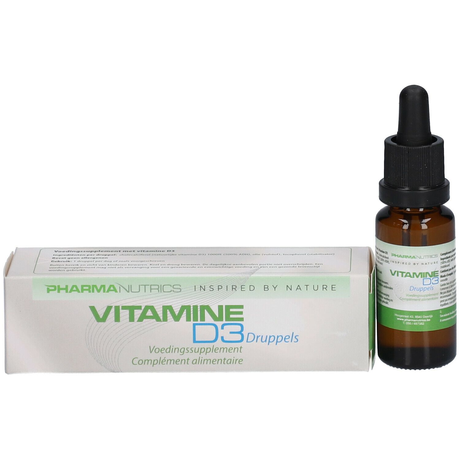 Emballage et flacon. Boîte blanche avec inscription: VITAMINE D3. Flacon brun avec compte-gouttes.