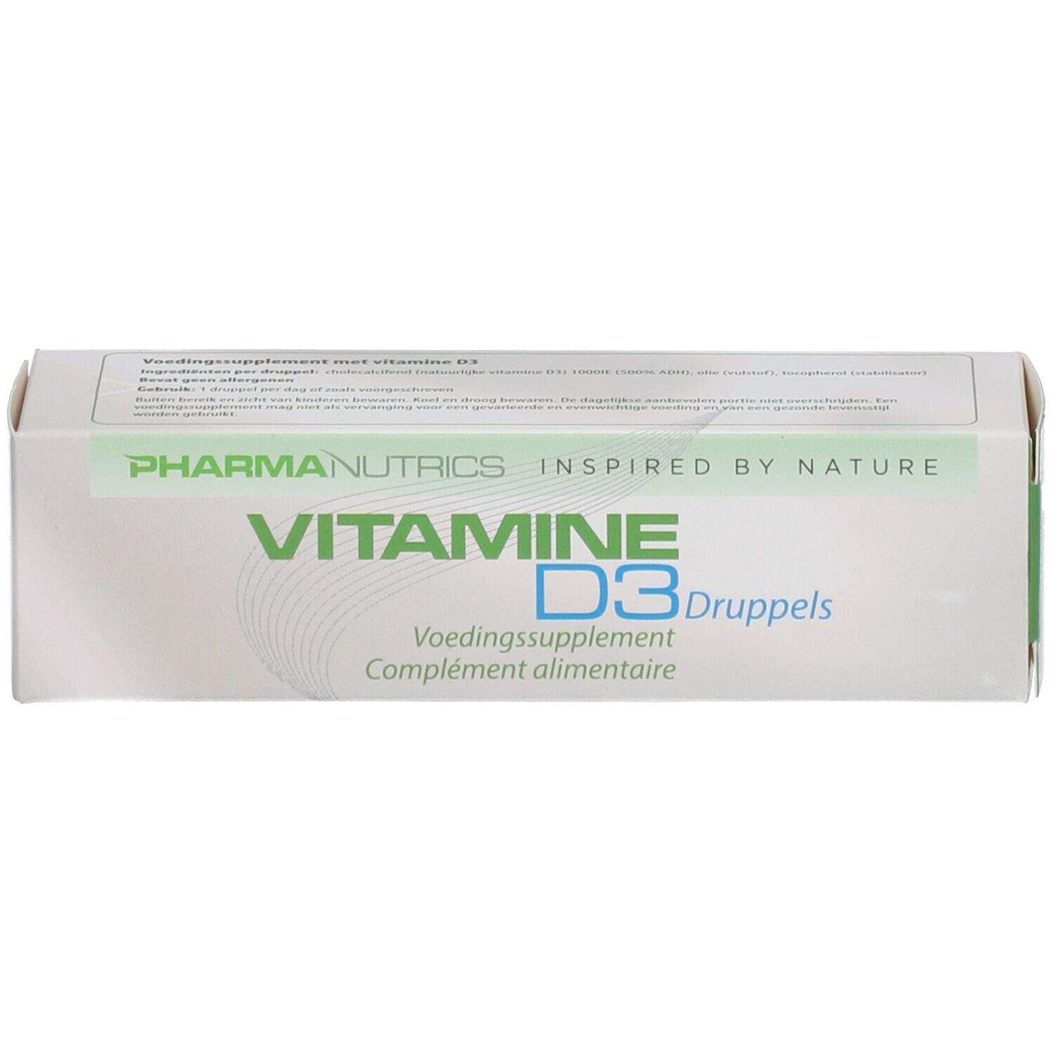 Boîte blanche avec inscription: VITAMINE D3. Flacon brun avec compte-gouttes à côté. Emballage.