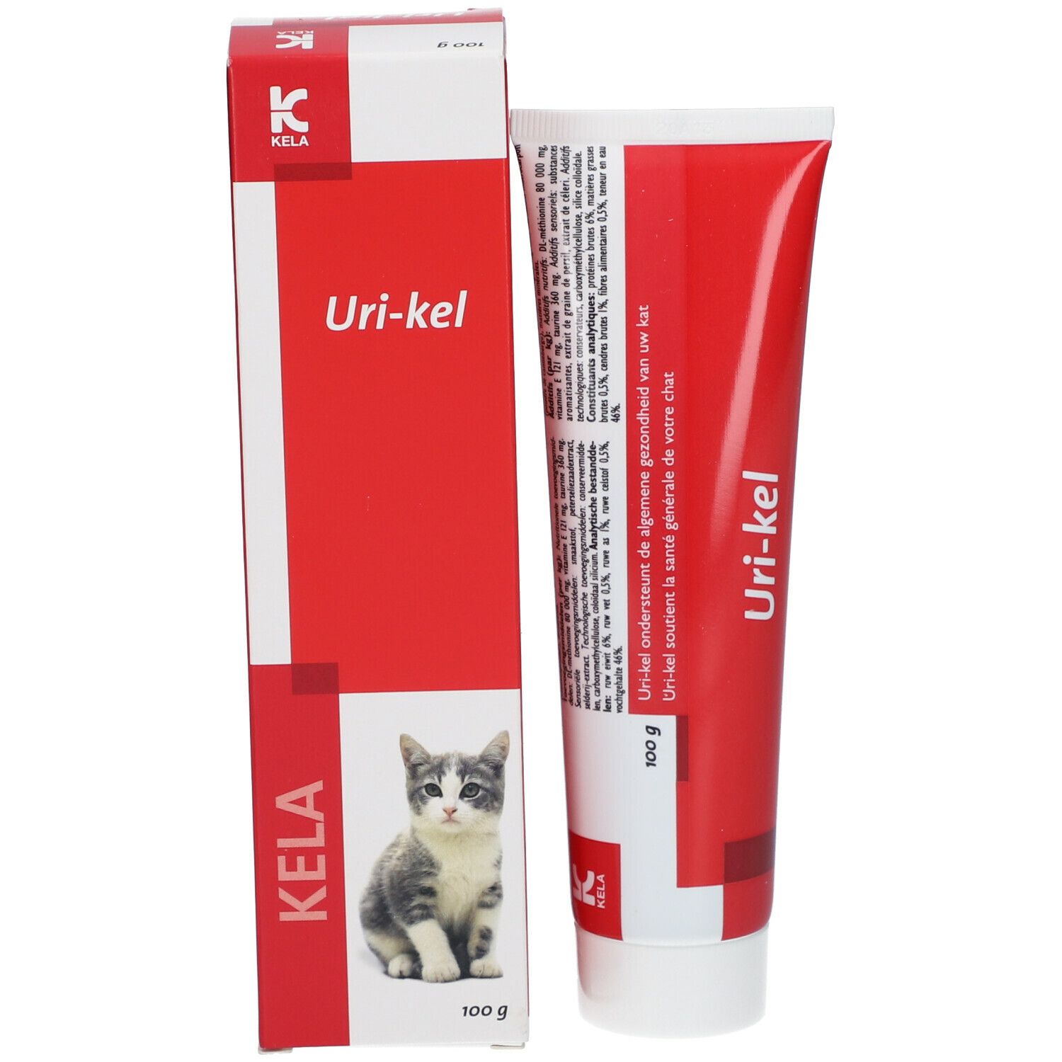 Verpakking en tube. Verpakking rood en wit, tekst: Uri-kel, Kela, kat. Tube rood en wit, tekst: Uri-kel, 100 g, Kela.