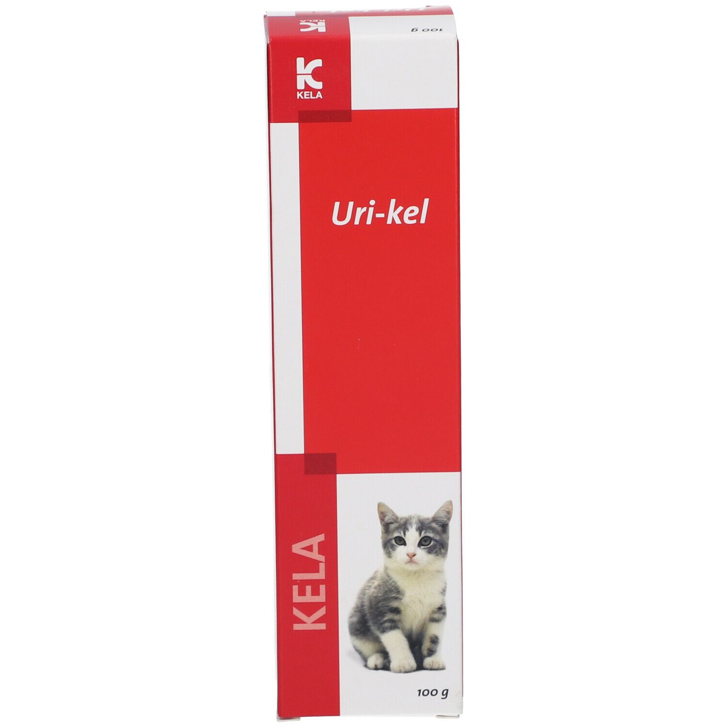 Rode en witte verpakking. Tekst: Uri-kel, Kela, kat, 100 g. Kela logo.