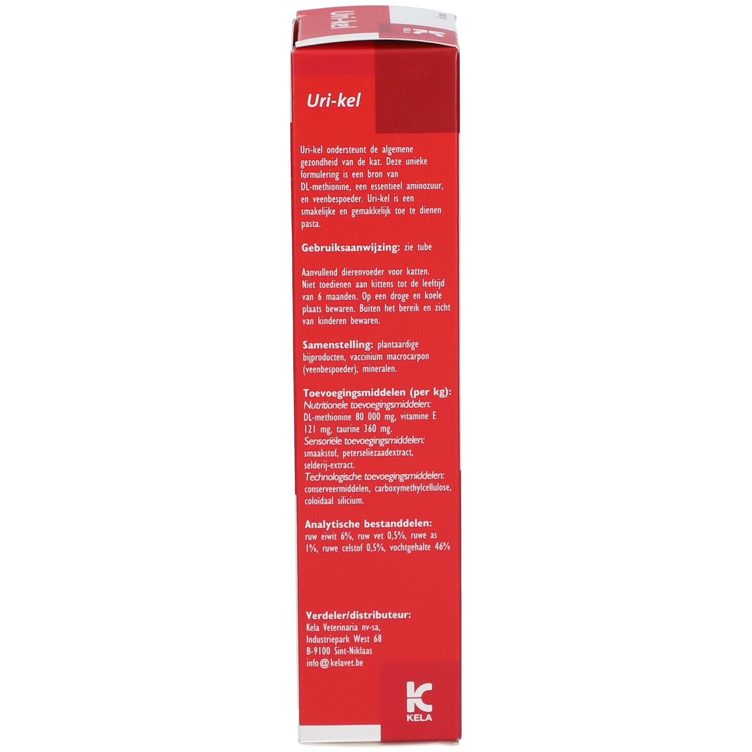 Rode verpakking. Tekst: Uri-kel, Kela, ingrediënten, gebruiksaanwijzing. Kela logo.