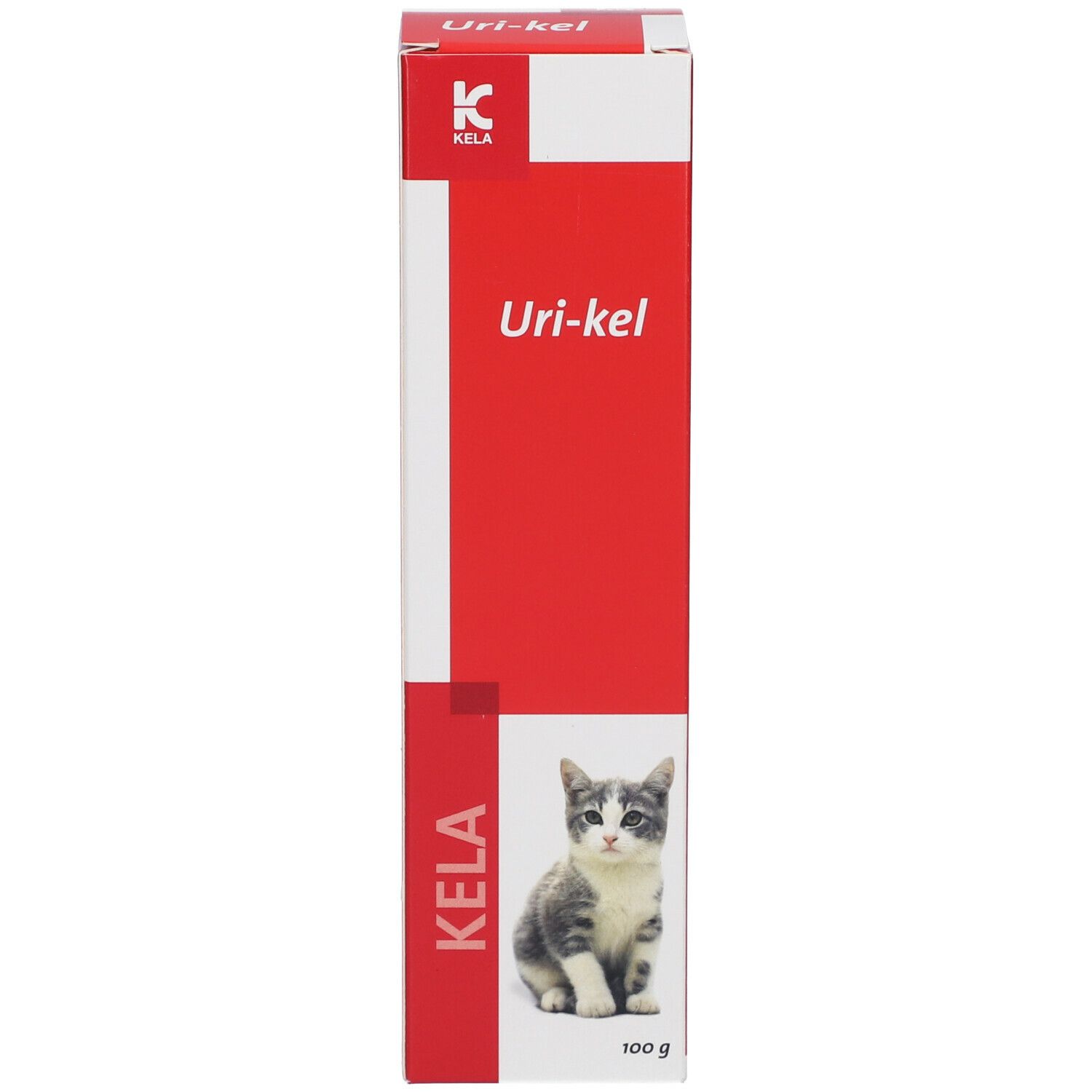 Rode en witte verpakking. Tekst: Uri-kel, Kela, kat, 100 g. Kela logo.