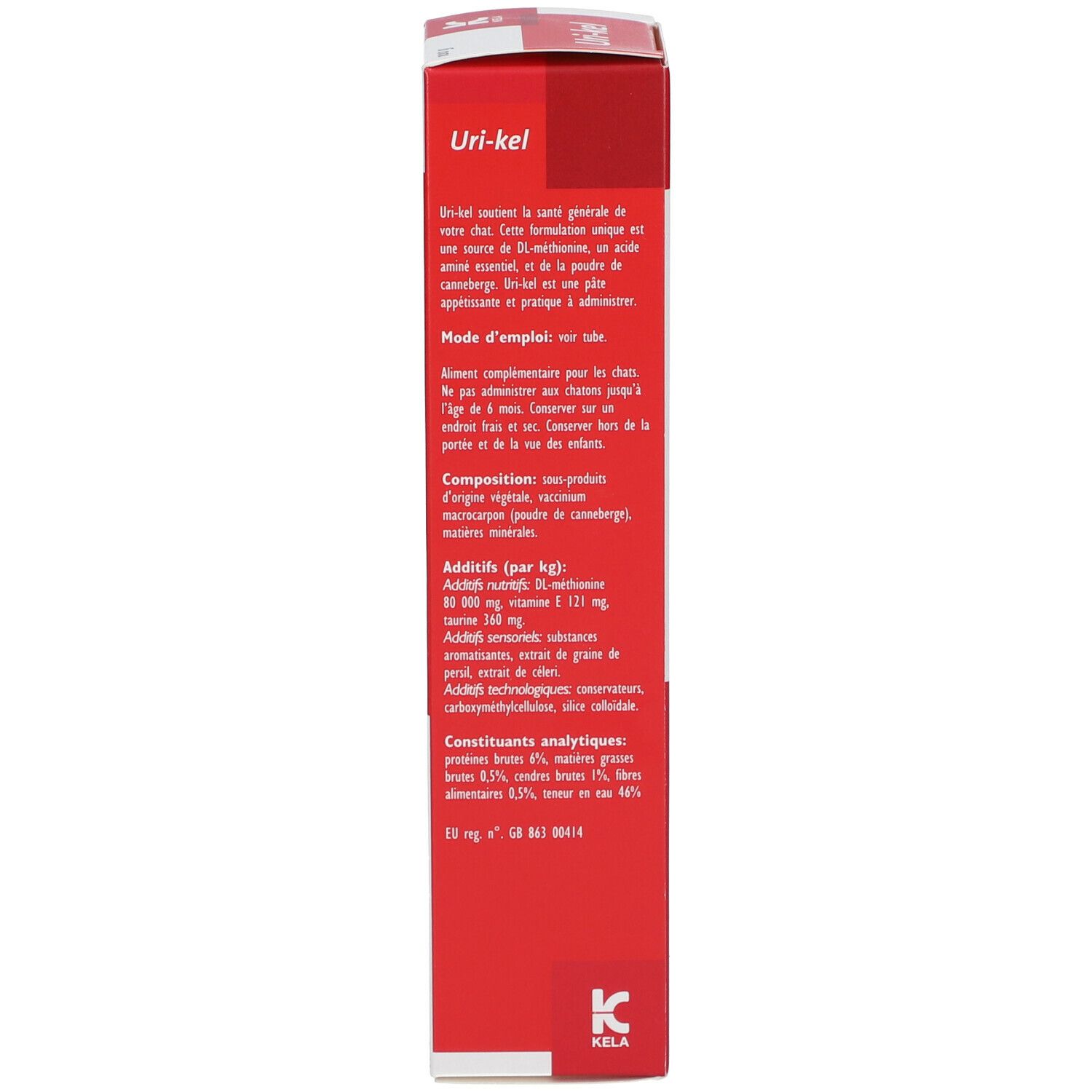 Rode verpakking. Tekst: Uri-kel, Kela, ingrediënten, gebruiksaanwijzing. Kela logo.