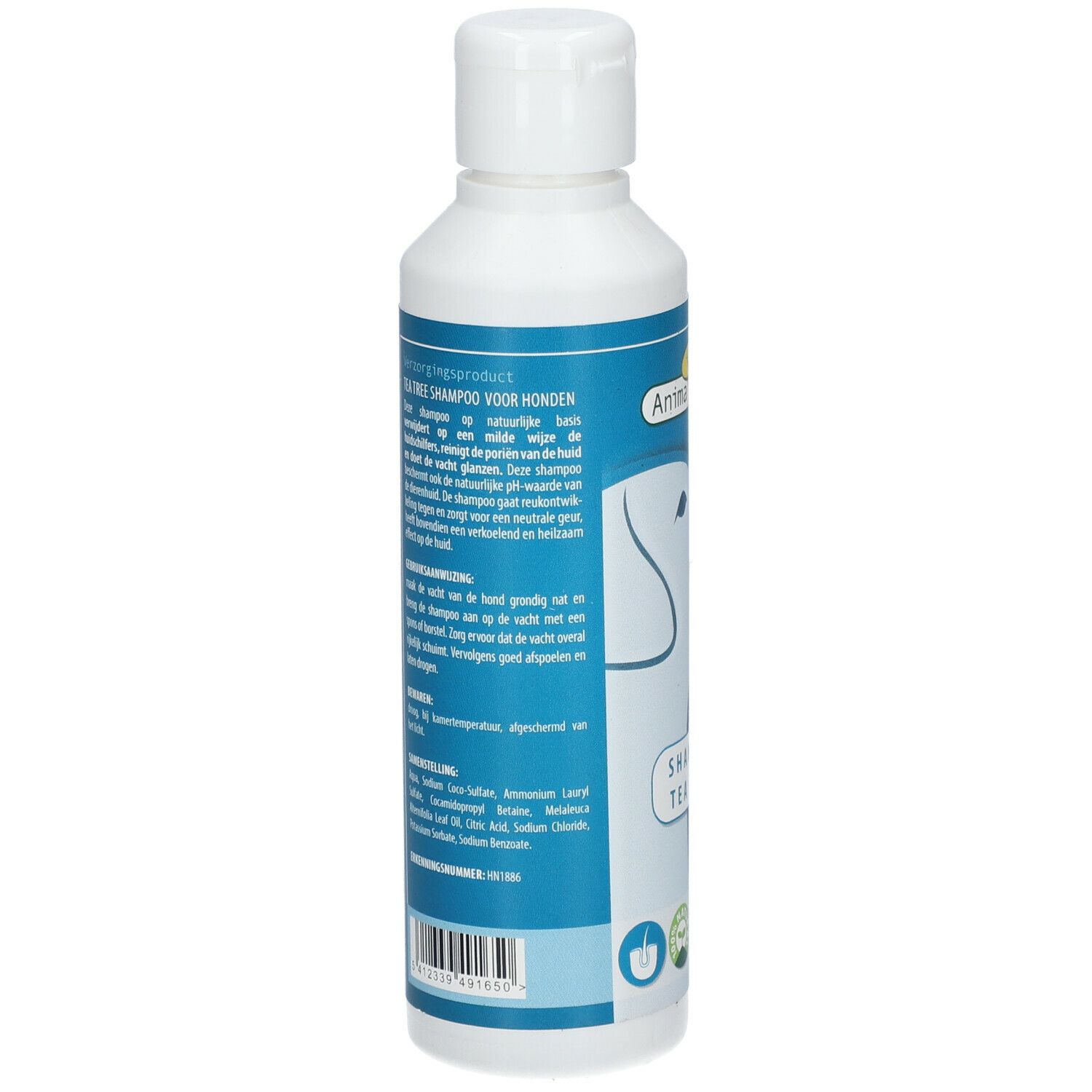 Achterkant van de witte fles. Tekst op blauwe achtergrond. Ingrediënten en gebruiksaanwijzing.