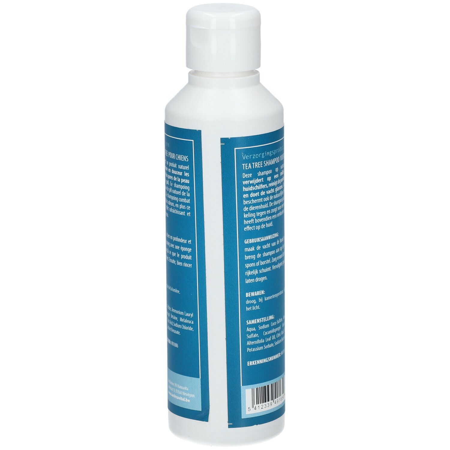 Achterkant van de witte fles. Tekst op blauwe achtergrond. Ingrediënten en gebruiksaanwijzing.