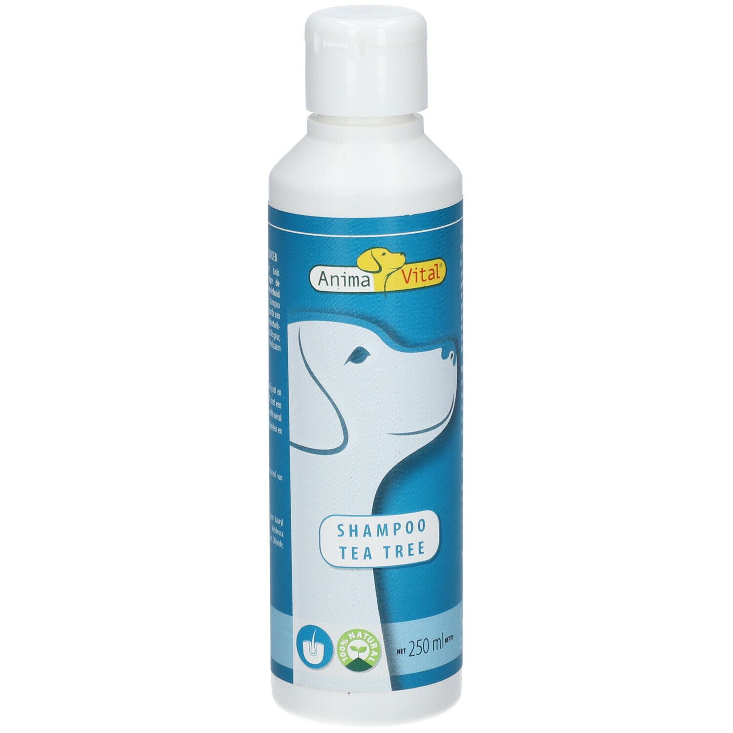 Witte fles met blauw etiket. Anima Vital Shampoo Tea Tree voor Honden. 250 ml.