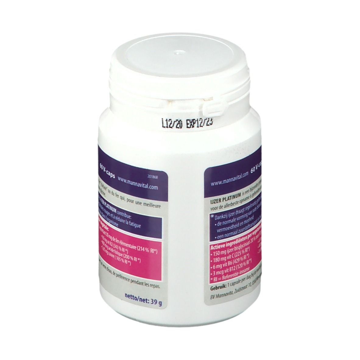 Achterkant van een witte fles met capsules. Opschrift: MannaVital, houdbaarheid. Nettogewicht: 39 g.