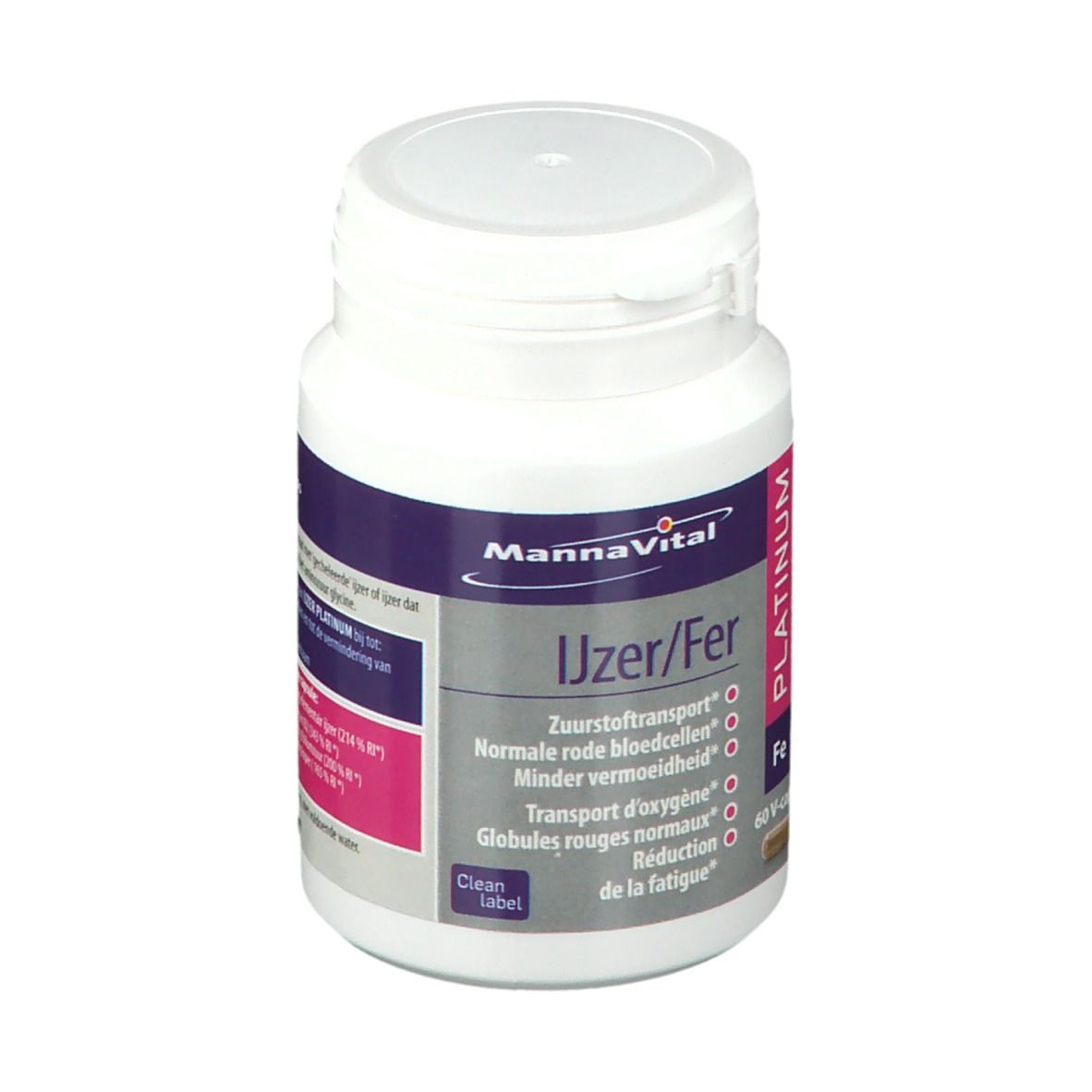Witte fles met capsules. Opschrift: MannaVital, Ijzer/Fer, Platinum. Bevat 60 V-caps.