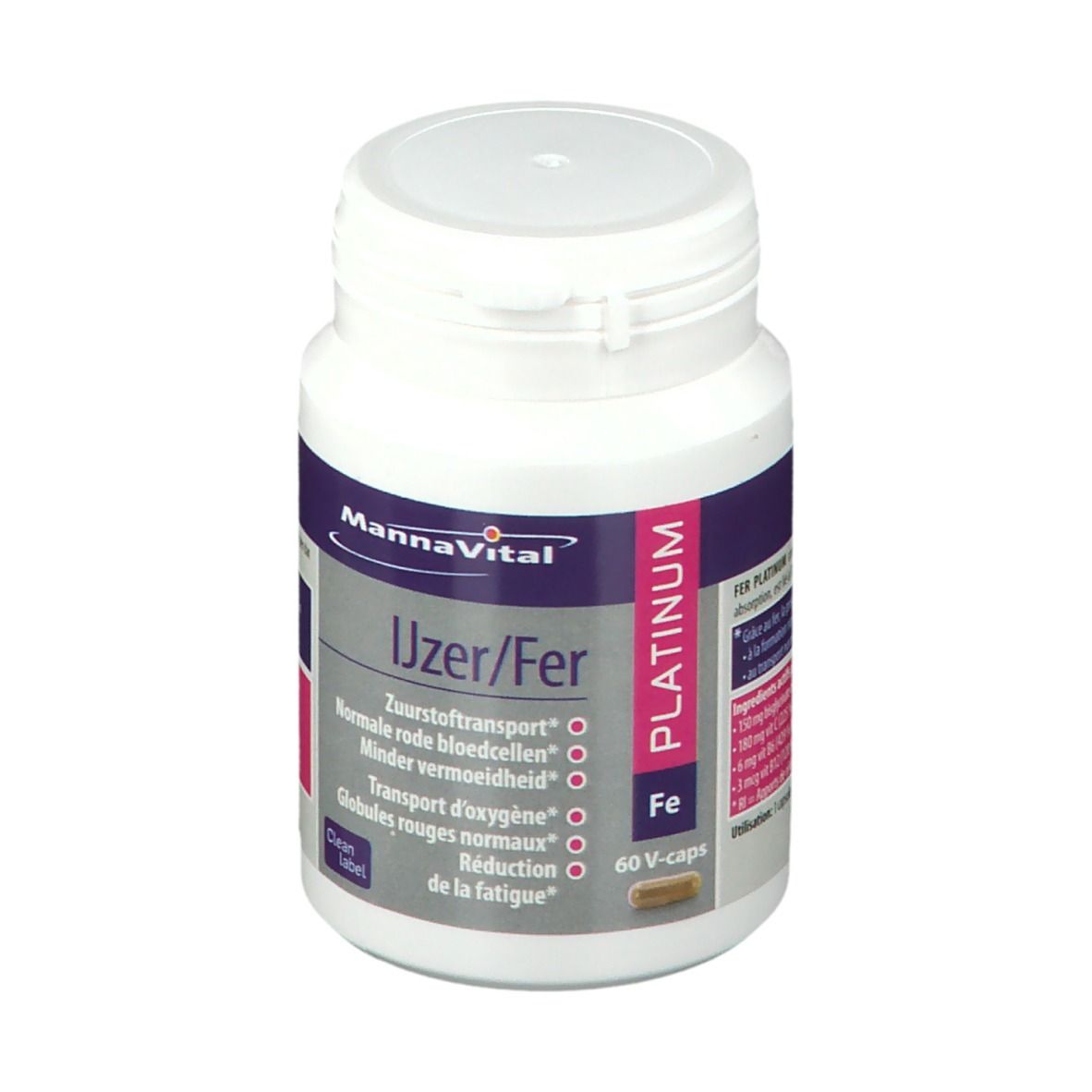 Witte fles met capsules. Opschrift: MannaVital, Ijzer/Fer, Platinum. Bevat 60 V-caps.