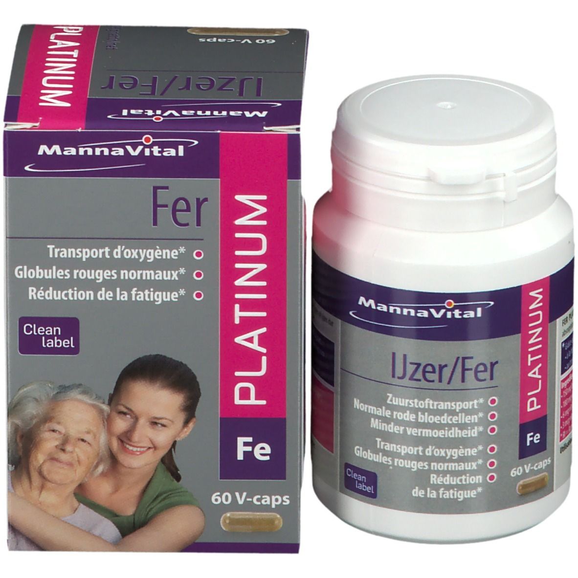Productverpakking en fles met capsules. Opschrift: MannaVital, Ijzer/Fer, Platinum. Bevat 60 V-caps.