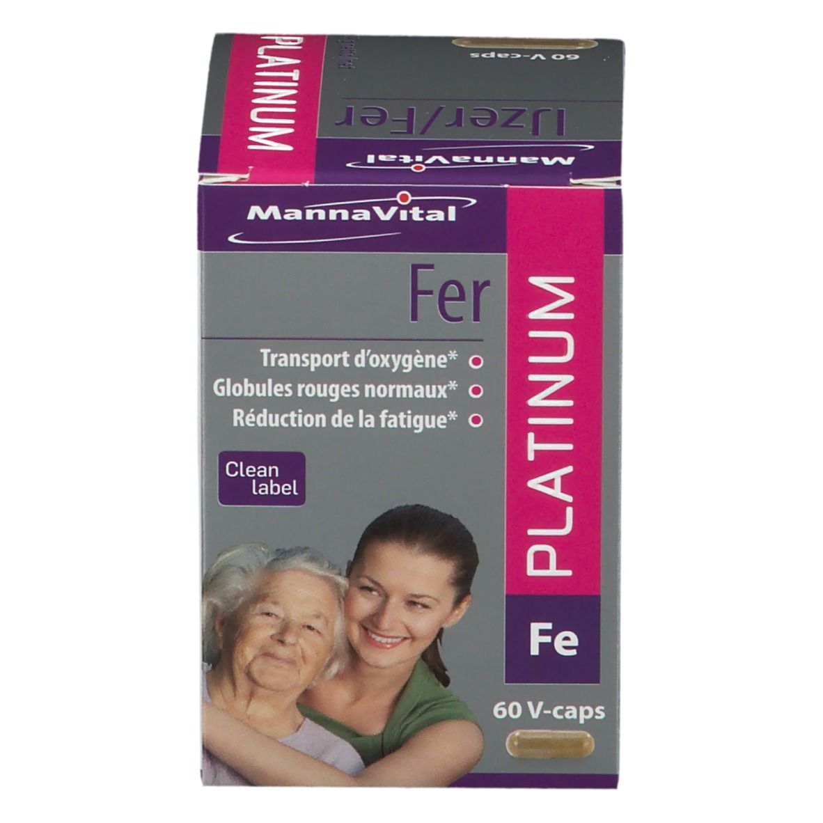 Productverpakking. Opschrift: MannaVital, Fer, Platinum. Bevat 60 V-caps. Afgebeeld: vrouw en oudere vrouw.