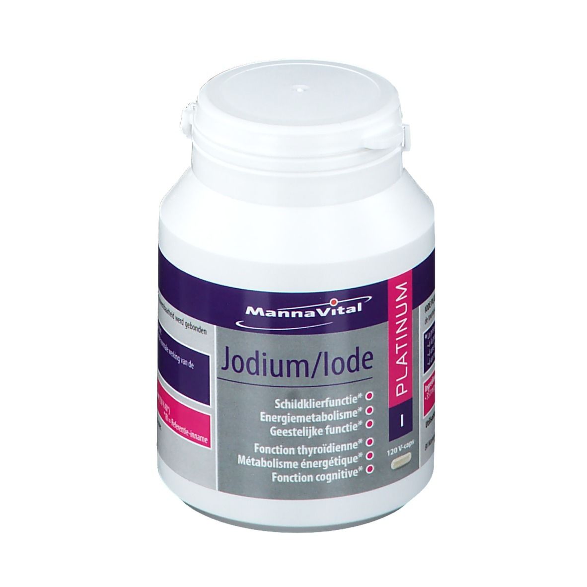 Witte fles met paars en roze etiket. Opschrift: Mannavital Jodium/Iode Platinum. Bevat 120 V-caps.