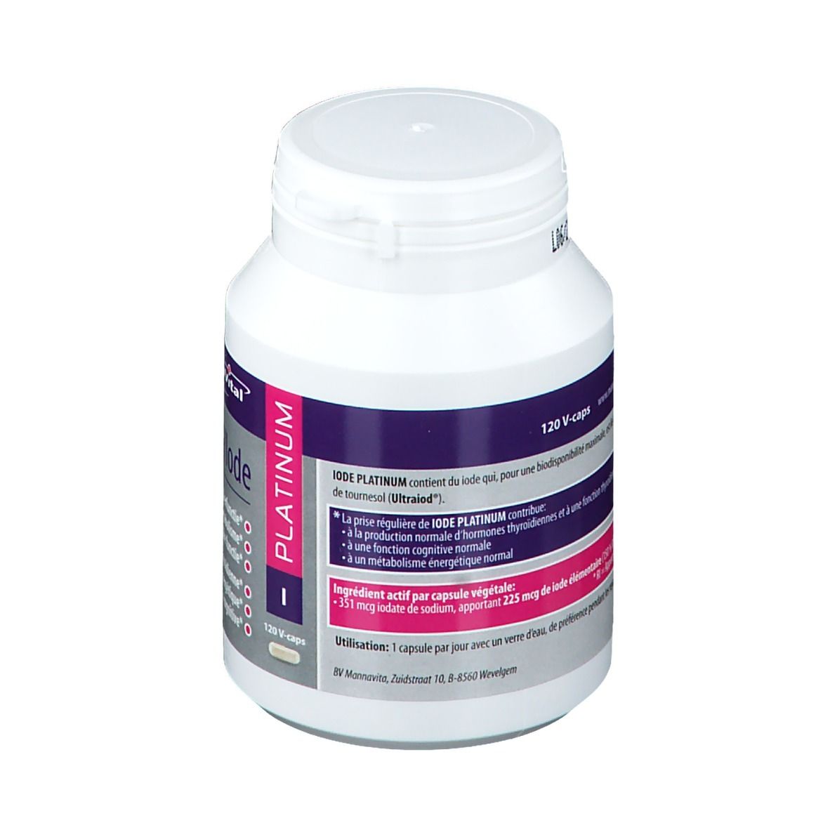 Witte fles met paars en roze etiket. Opschrift: Mannavital Jodium/Iode Platinum. Bevat 120 V-caps. Achteraanzicht.