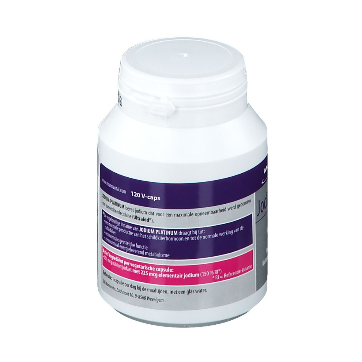 Witte fles met paars en roze etiket. Opschrift: Mannavital Jodium/Iode Platinum. Bevat 120 V-caps. Achteraanzicht.