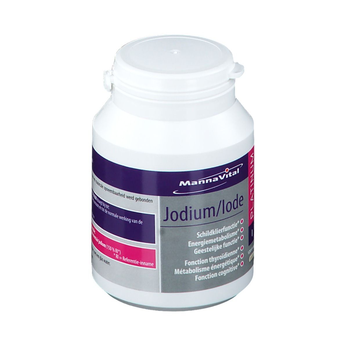 Witte fles met paars en roze etiket. Opschrift: Mannavital Jodium/Iode Platinum. Bevat 120 V-caps.