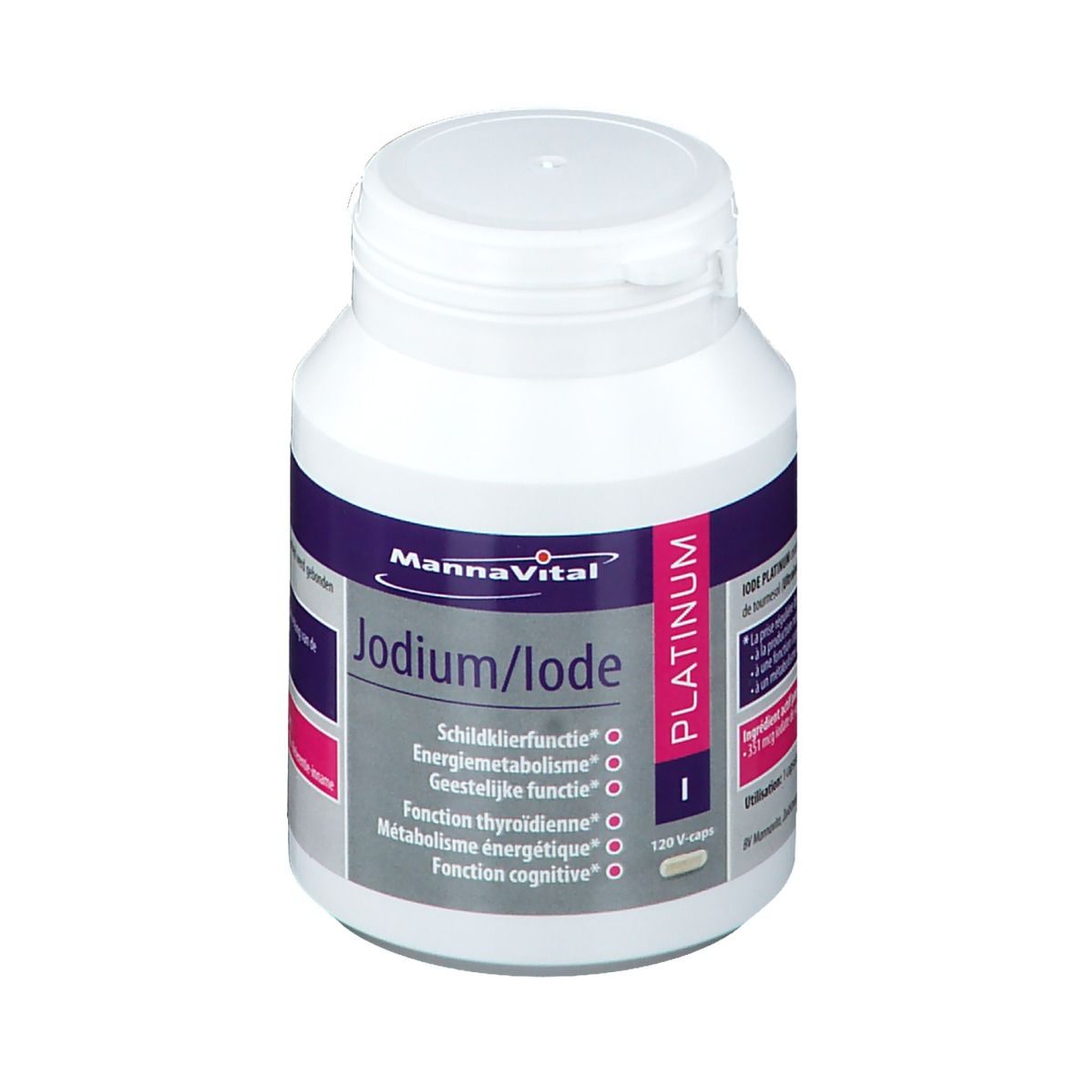 Witte fles met paars en roze etiket. Opschrift: Mannavital Jodium/Iode Platinum. Bevat 120 V-caps.