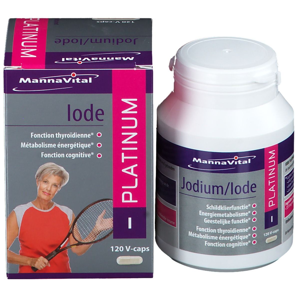 Productverpakking met fles en doos. Opschrift: Mannavital Iode Platinum. Bevat 120 V-caps. Afgebeeld is een vrouw met tennisracket.
