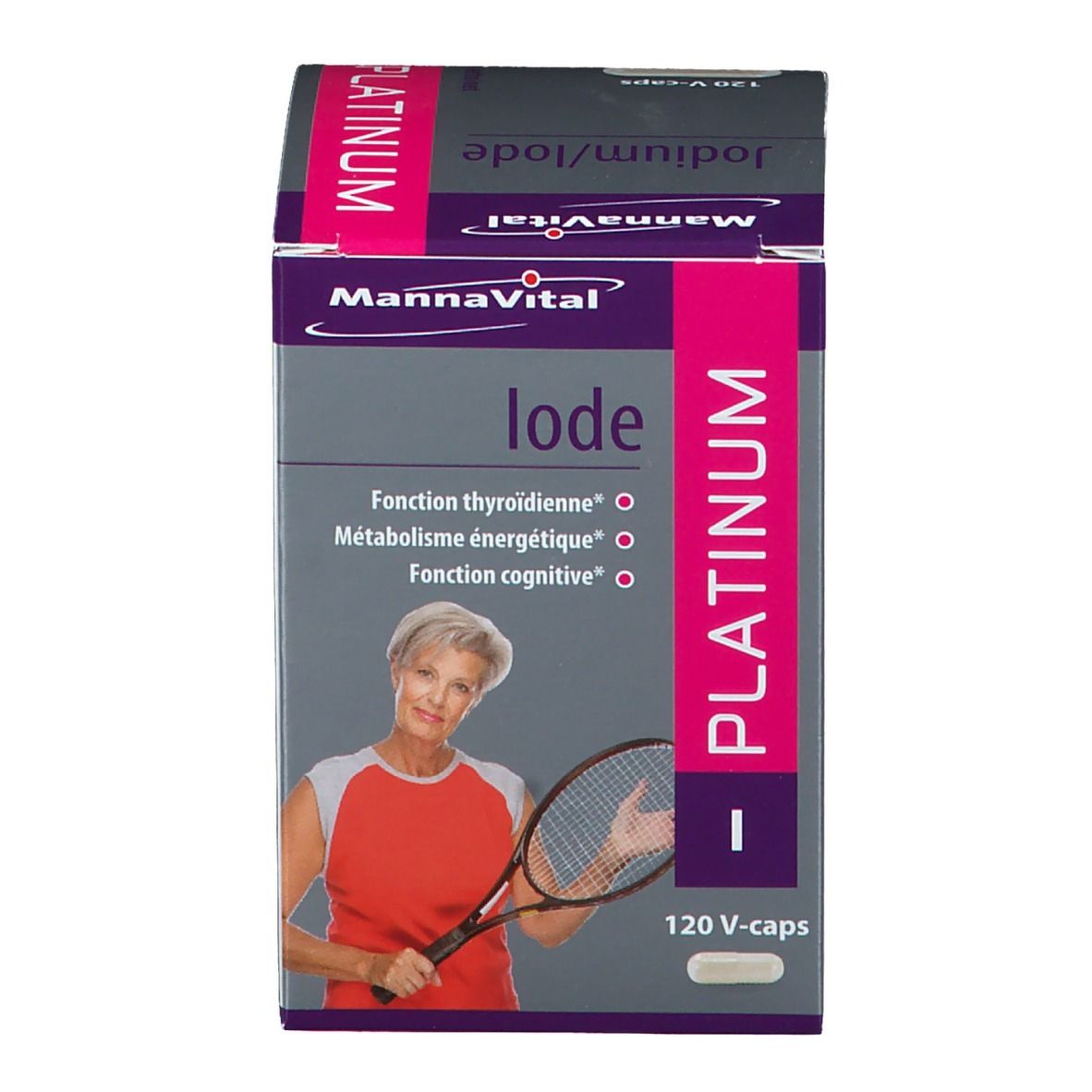 Productverpakking. Opschrift: Mannavital Iode Platinum. Bevat 120 V-caps. Afgebeeld is een vrouw met tennisracket.