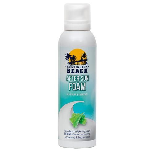 Flacon de mousse après-soleil Huntington Beach. Inscription : After Sun Foam, Aloe Vera & Menthol. Illustration de palmiers et de soleil.