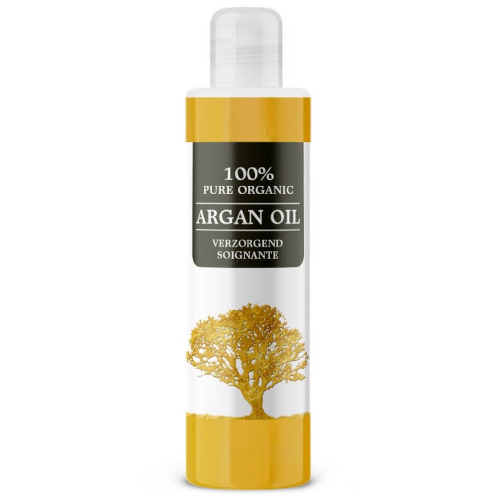Flasche mit Arganöl. Aufschrift: 100% Pure Organic Argan Oil. Goldener Baum-Aufdruck.