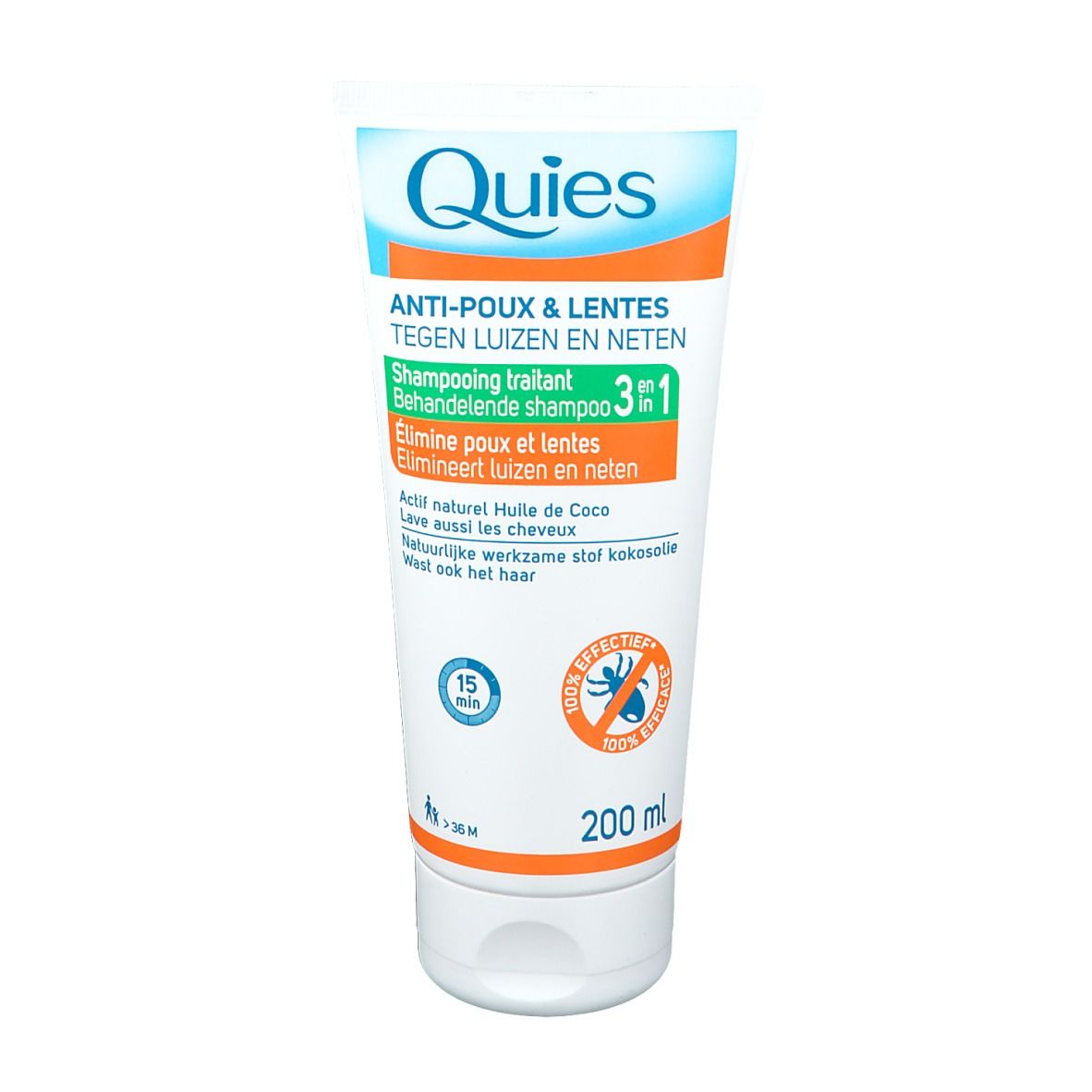 Tube blanc et bleu avec nom du produit et informations. 200 ml. Inscription : Anti-Poux & lentes.