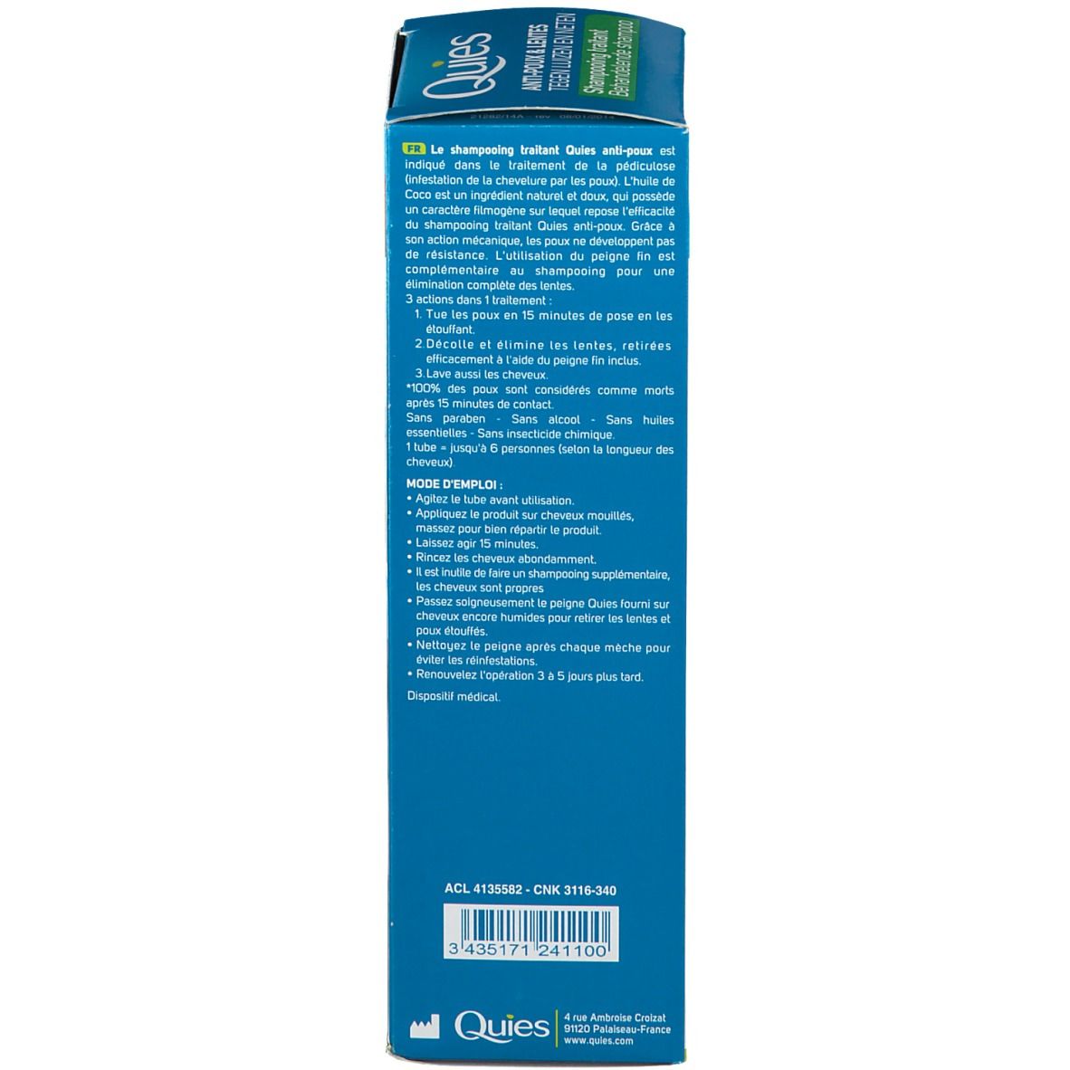 Emballage du produit, boîte avec texte multilingue. Inscription : Anti-Poux & lentes.