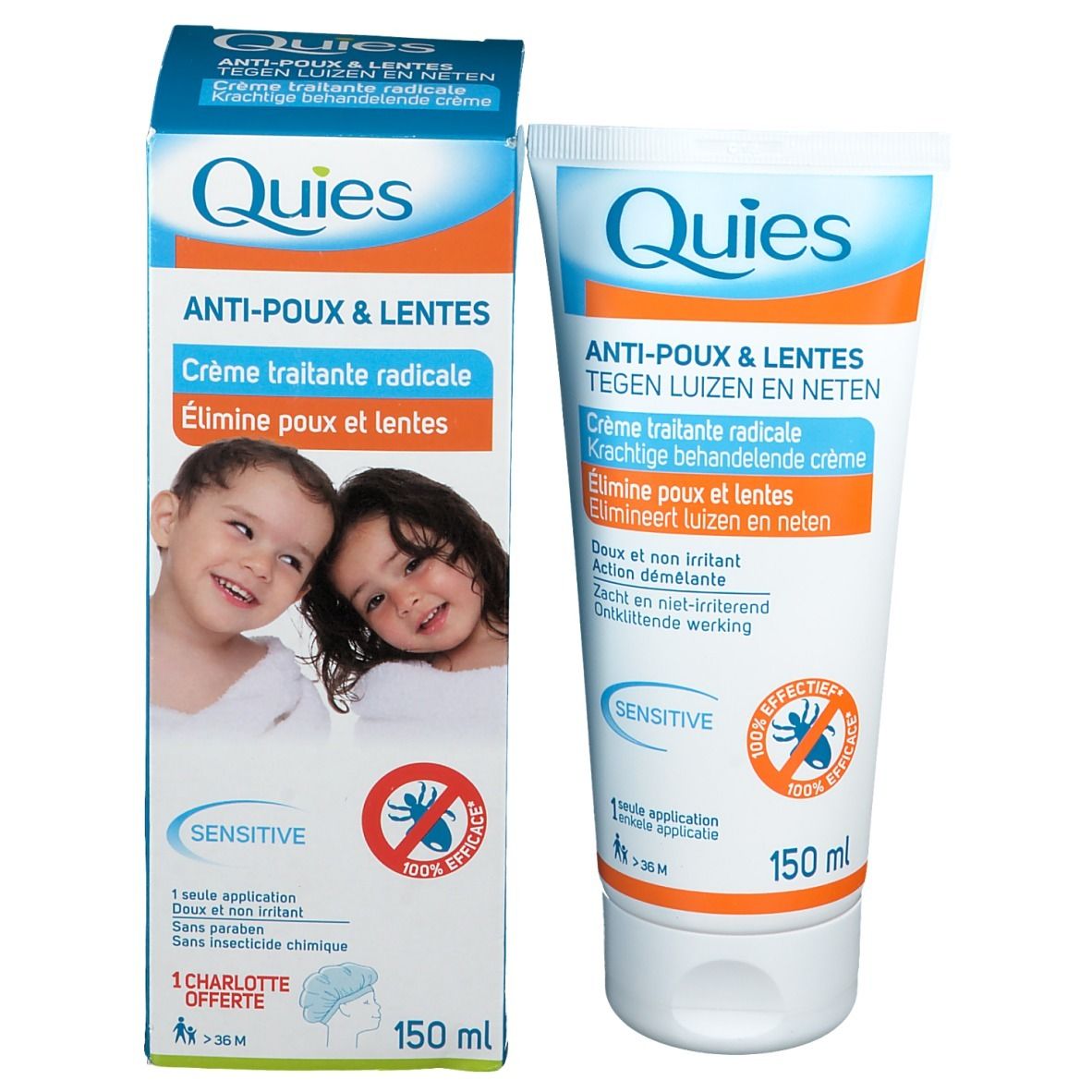 Productverpakking met tube en doos. Opschrift: Anti-Poux & Lentes. Afbeelding van twee kinderen.