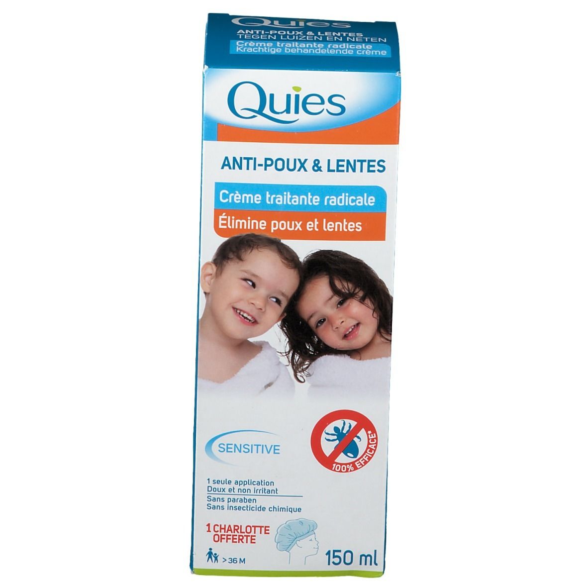 Productverpakking, doos. Opschrift: Anti-Poux & Lentes. Afbeelding van twee kinderen. Blauwe en oranje elementen.