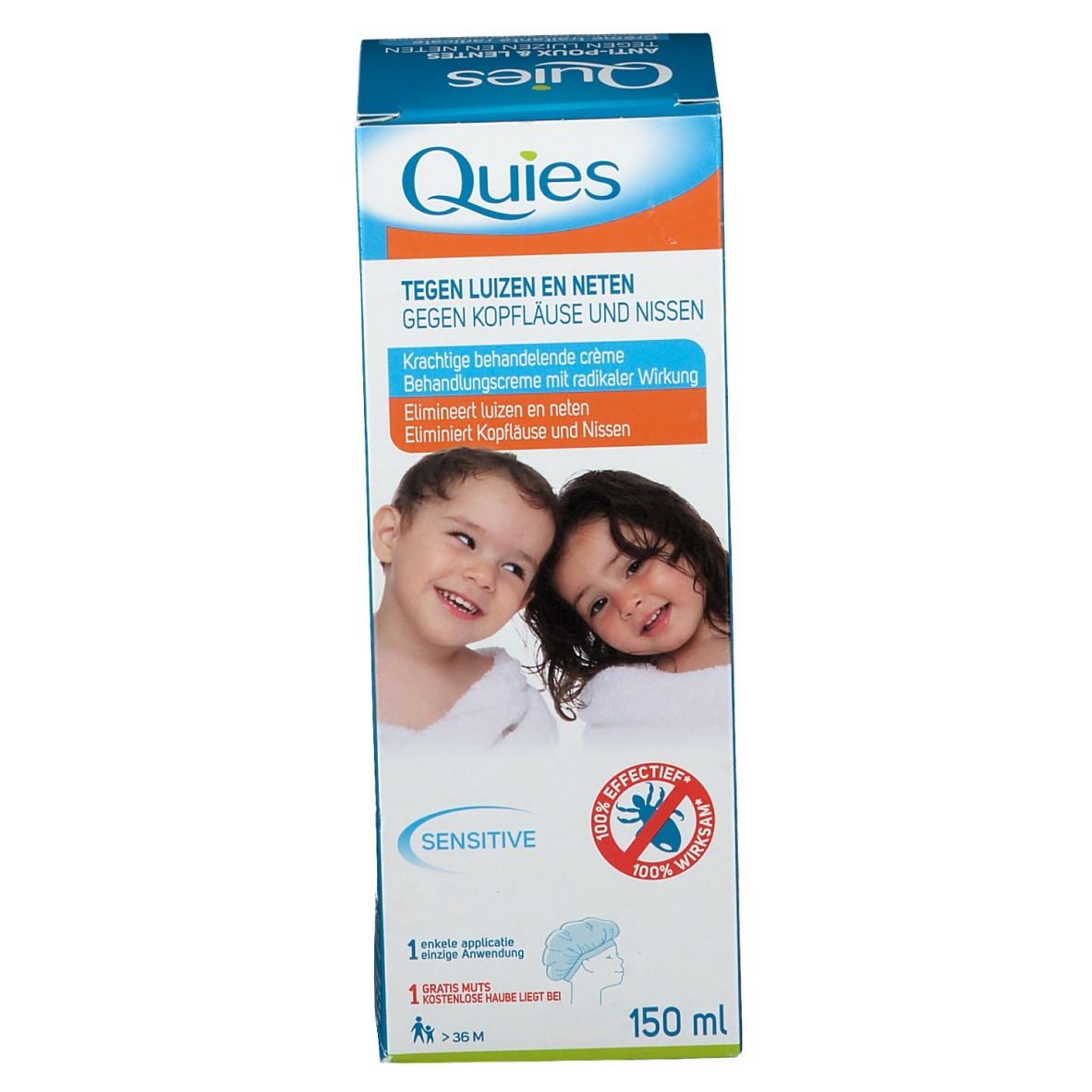 Productverpakking, doos. Opschrift: Anti-Poux & Lentes. Afbeelding van twee kinderen. Blauwe en oranje elementen.