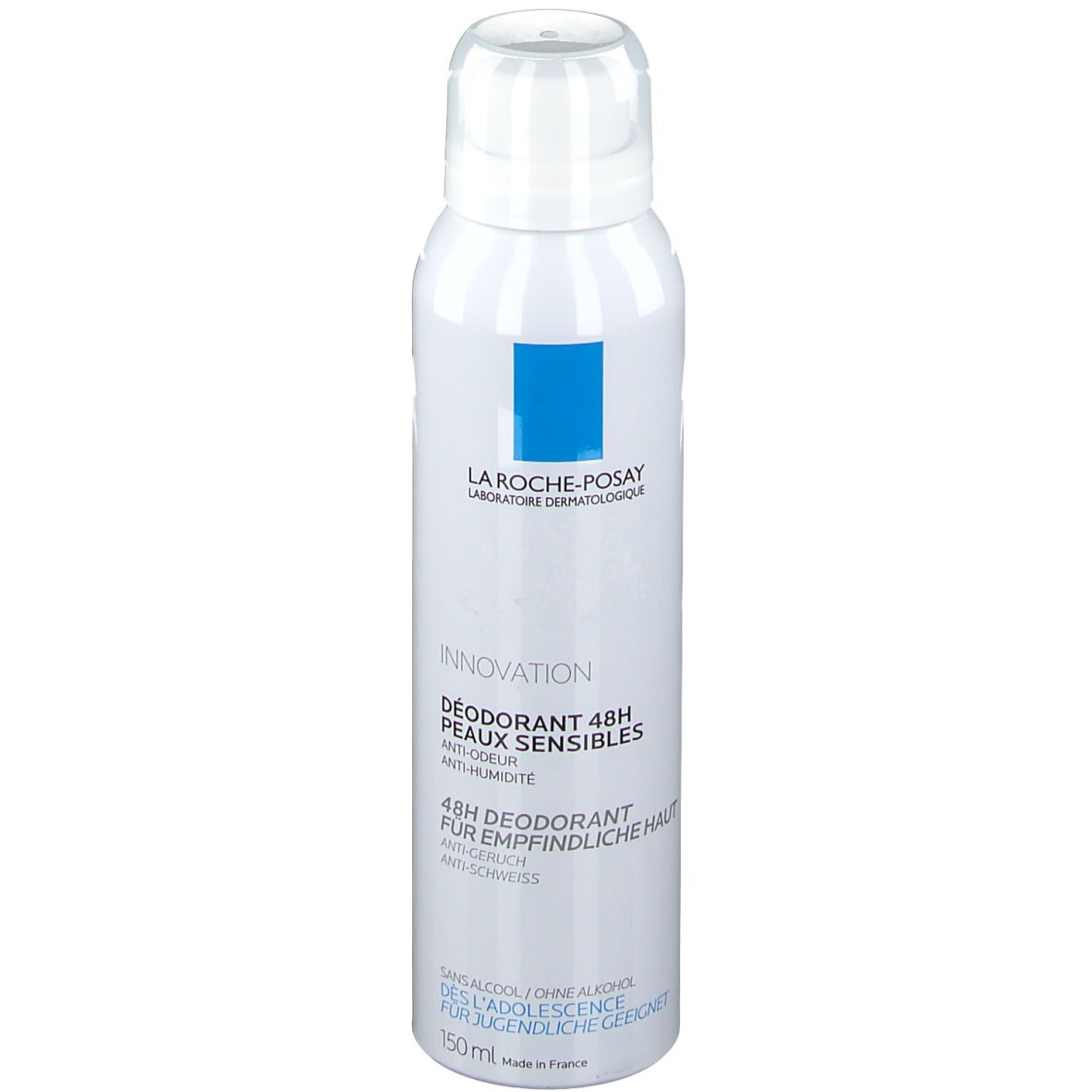 Spray déodorant blanc avec logo bleu. Texte: Déodorant 48h peaux sensibles. 150ml.