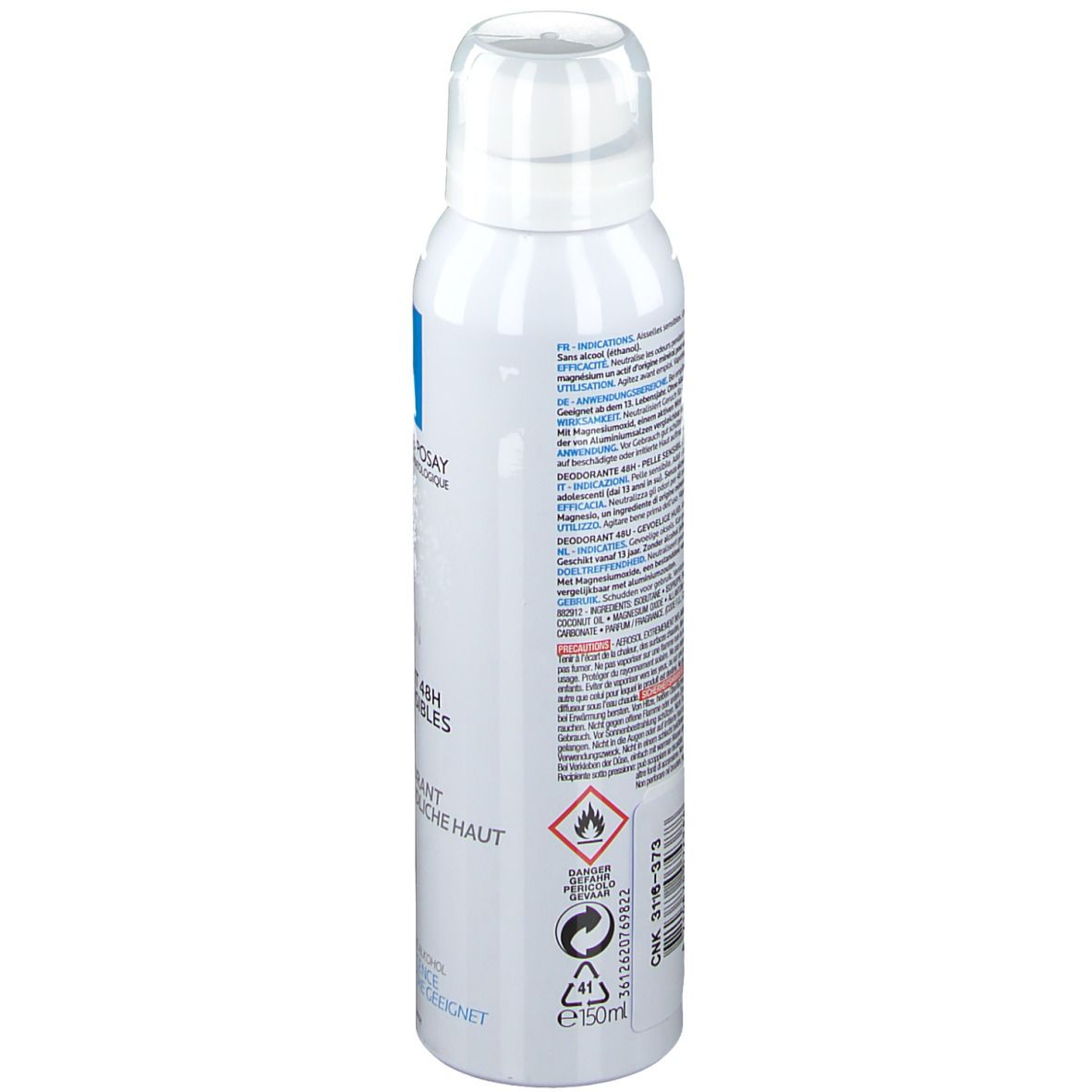 Dos du spray déodorant. Texte et symboles: Avertissements, recyclage, volume 150ml.