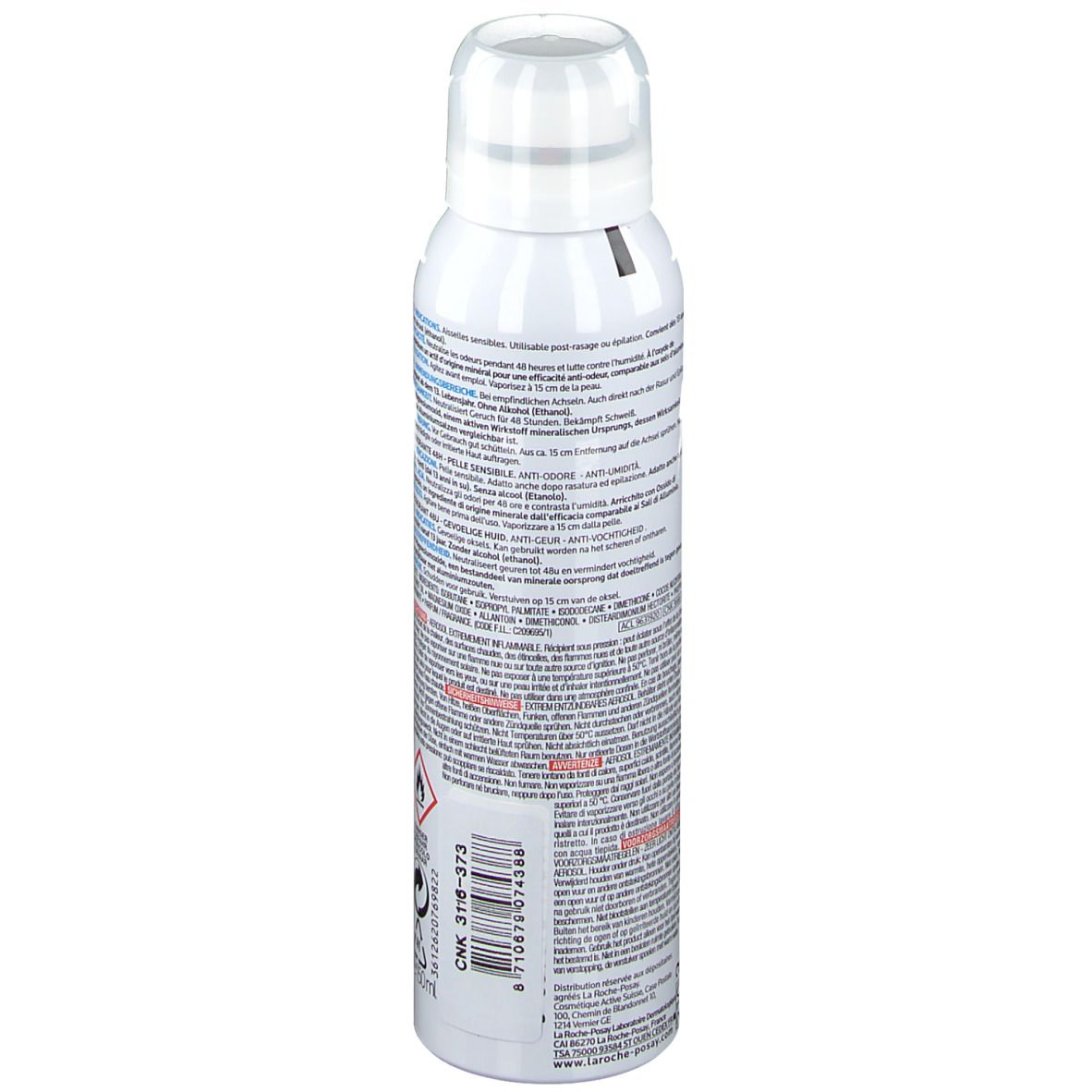 Dos du spray déodorant. Texte: Informations produit, avertissements, ingrédients, fabricant.