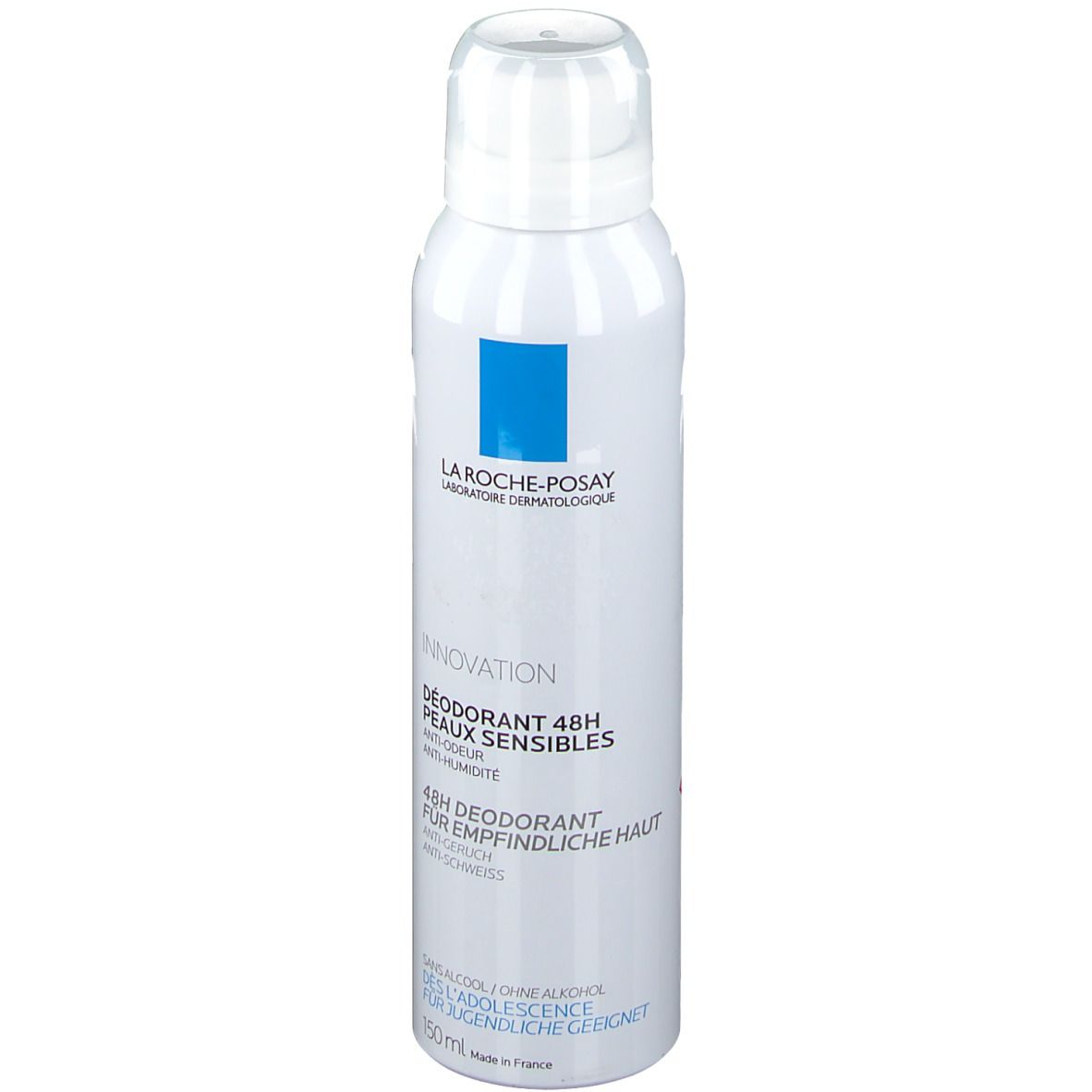 Spray déodorant blanc avec logo bleu. Texte: Déodorant 48h peaux sensibles. 150ml.