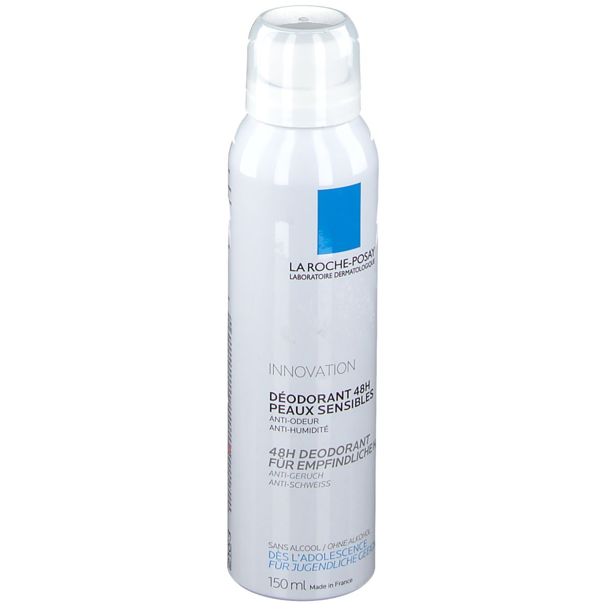 Spray déodorant blanc avec logo bleu. Texte: Déodorant 48h peaux sensibles. 150ml.