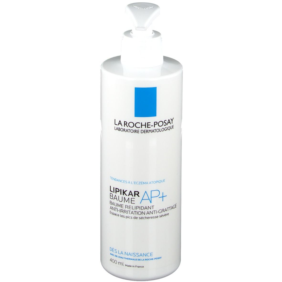 Flacon blanc avec pompe. Inscription: La Roche-Posay, Lipikar Baume AP+. Pour peaux sèches. 400 ml.