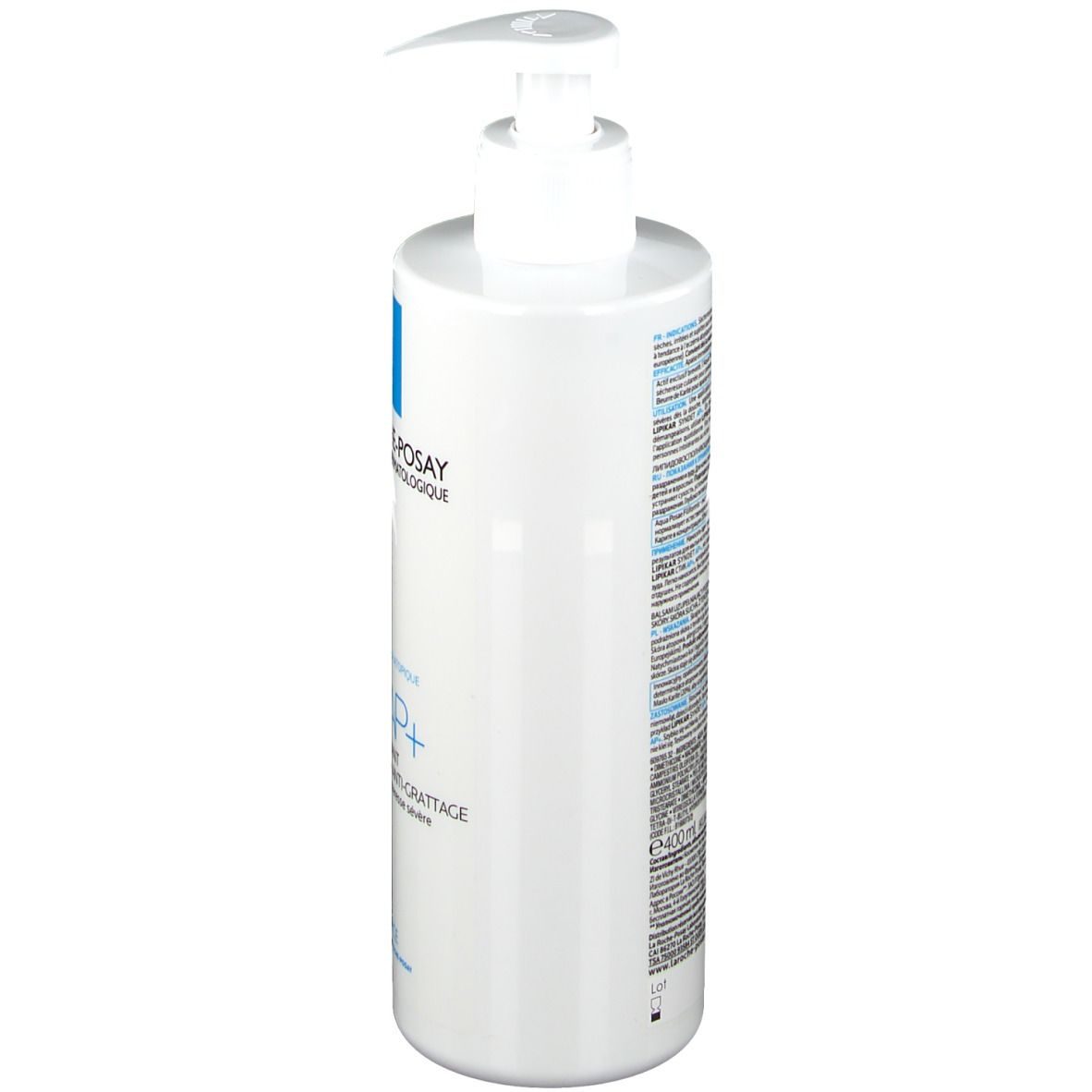Flacon blanc avec pompe. Inscription: La Roche-Posay, Lipikar Baume AP+. Pour peaux sèches. 400 ml.