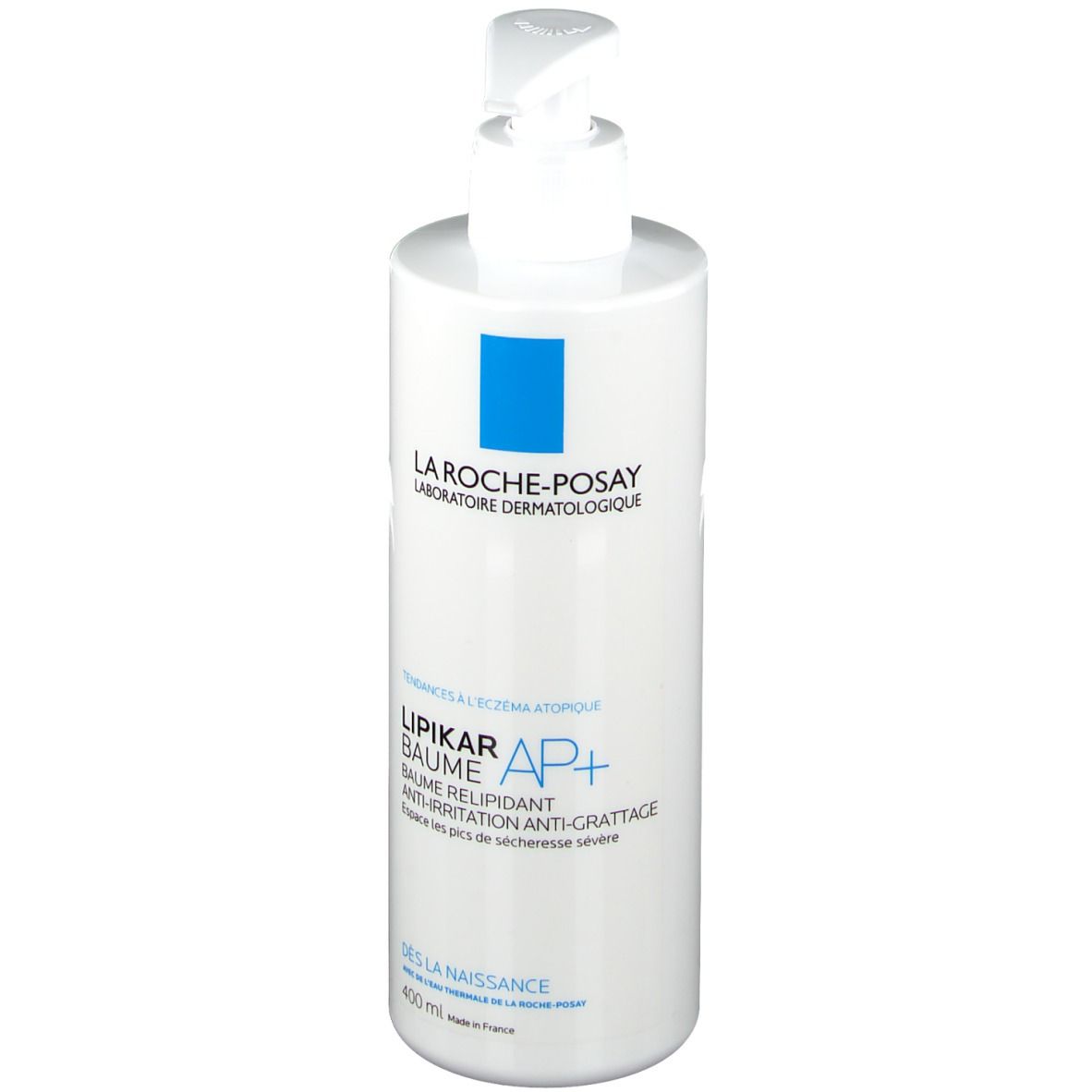 Flacon blanc avec pompe. Inscription: La Roche-Posay, Lipikar Baume AP+. Pour peaux sèches. 400 ml.
