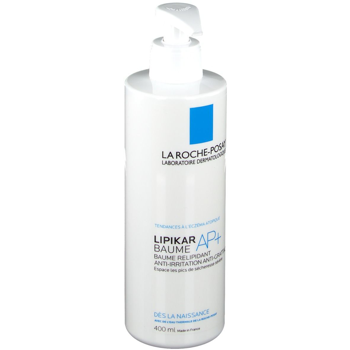 Flacon blanc avec pompe. Inscription: La Roche-Posay, Lipikar Baume AP+. Pour peaux sèches. 400 ml.