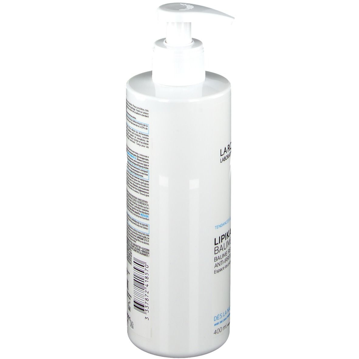 Flacon blanc avec pompe. Inscription: La Roche-Posay, Lipikar Baume AP+. Pour peaux sèches. 400 ml.