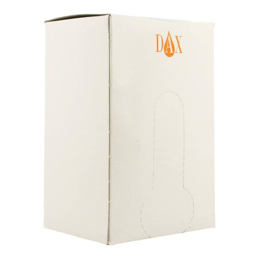 Emballage en carton blanc avec logo DAX et découpe. Logo orange. Forme rectangulaire.