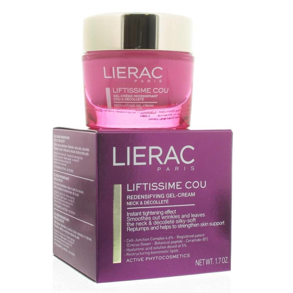 Pot de crème rose avec couvercle doré sur une boîte violette. La boîte porte l'inscription "LIERAC PARIS LIFTISSIME COU".